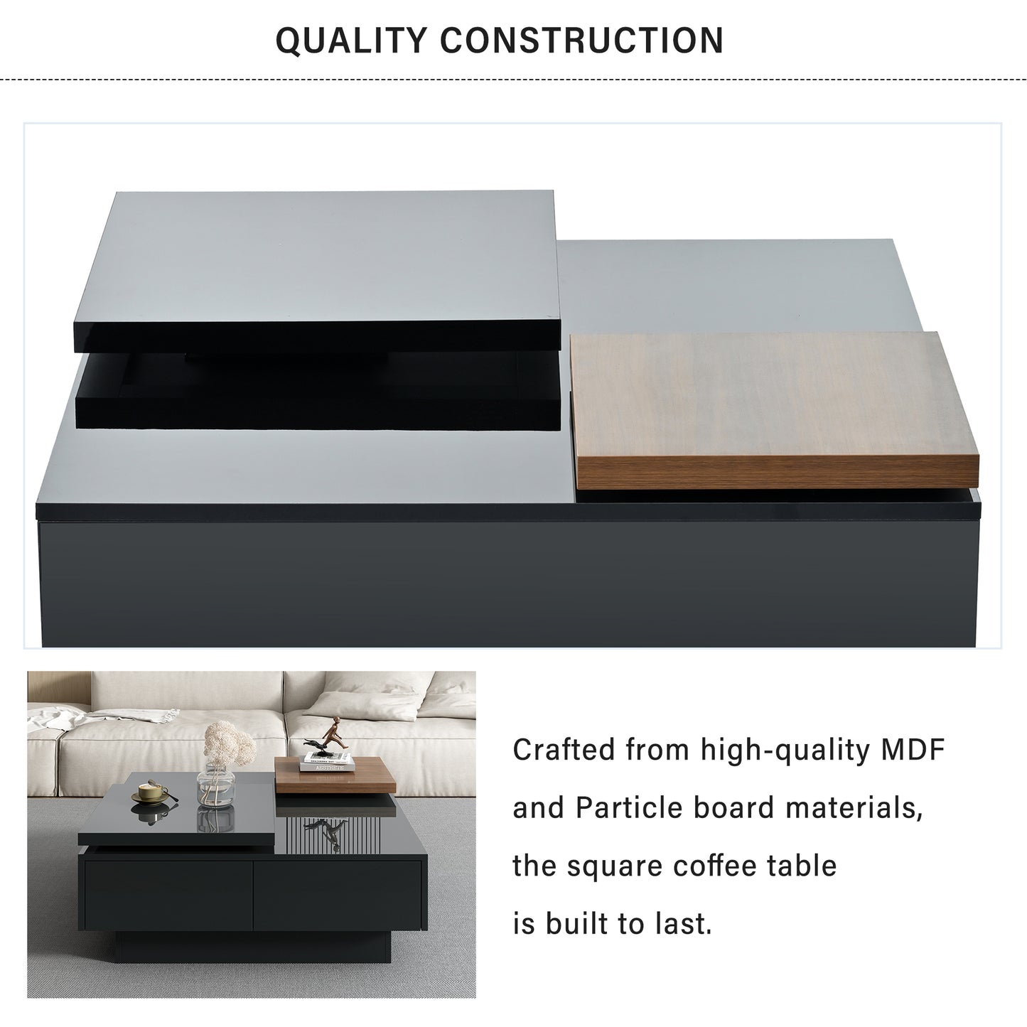 Modern square coffee table with dualtier grey and wood finish top black drawers