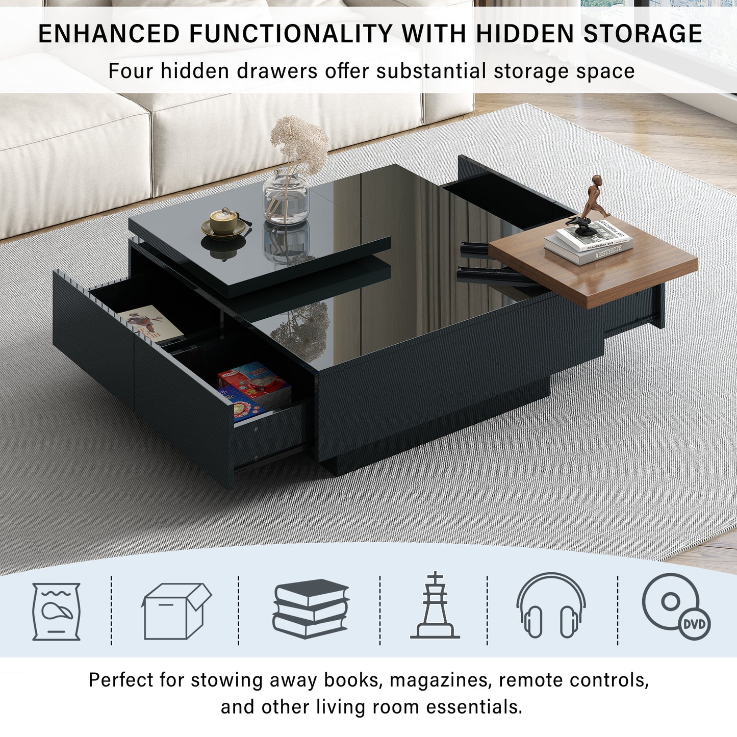 Modern black coffee table with hidden storage drawers and glass top