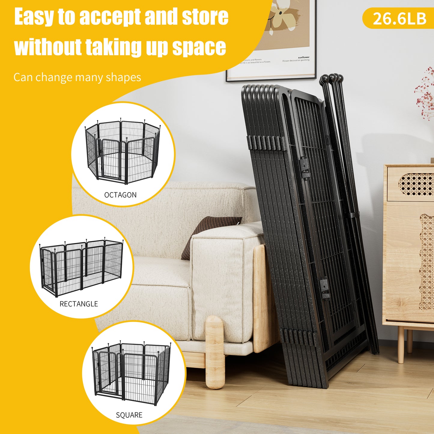 Black metal dog playpen configured in an octagon shape