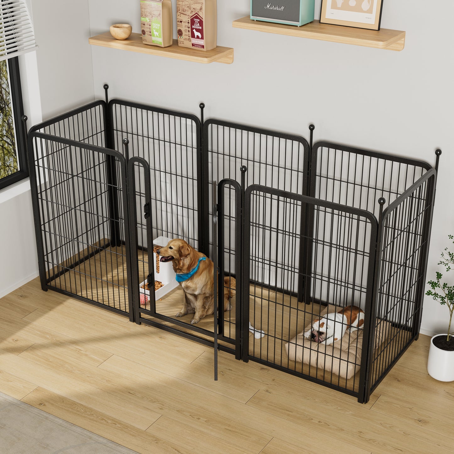 Black wire modular dog playpen with dual doors creating a safe indoor space for pets