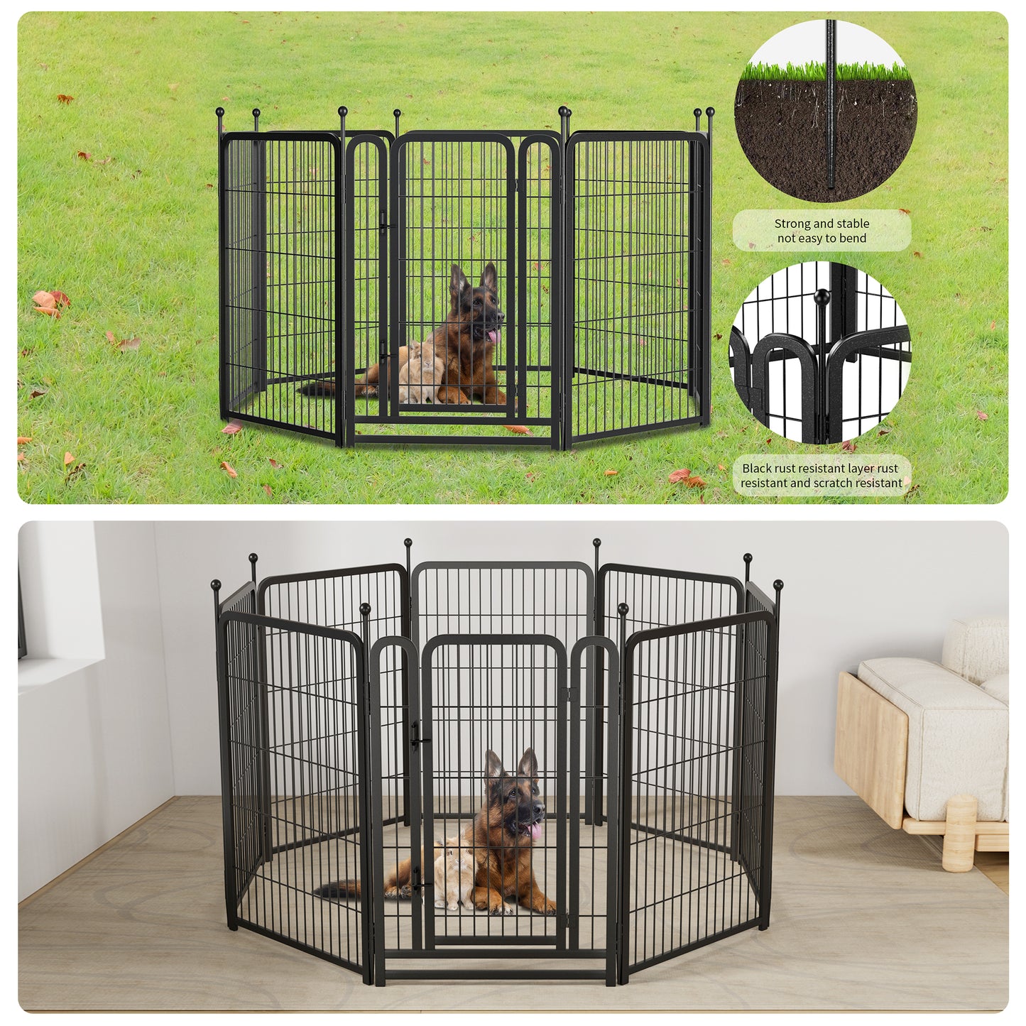 Black metal modular dog playpen for indoor and outdoor use