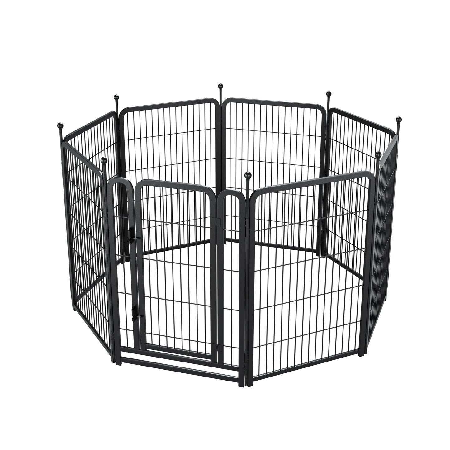 Black metal eightpanel dog playpen with two swinging doors for small pets