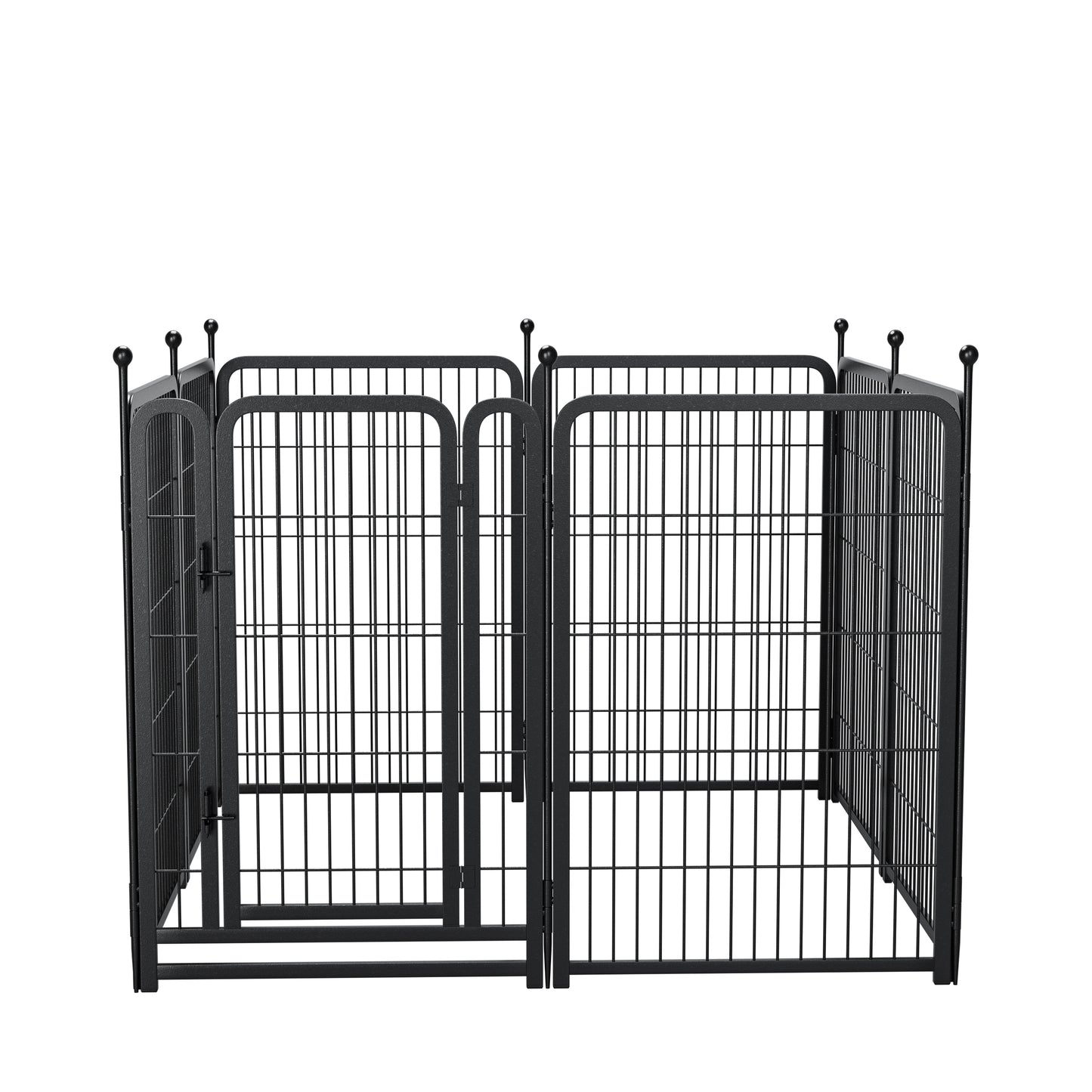 Black metal dog playpen with hinged door and decorative finials panels