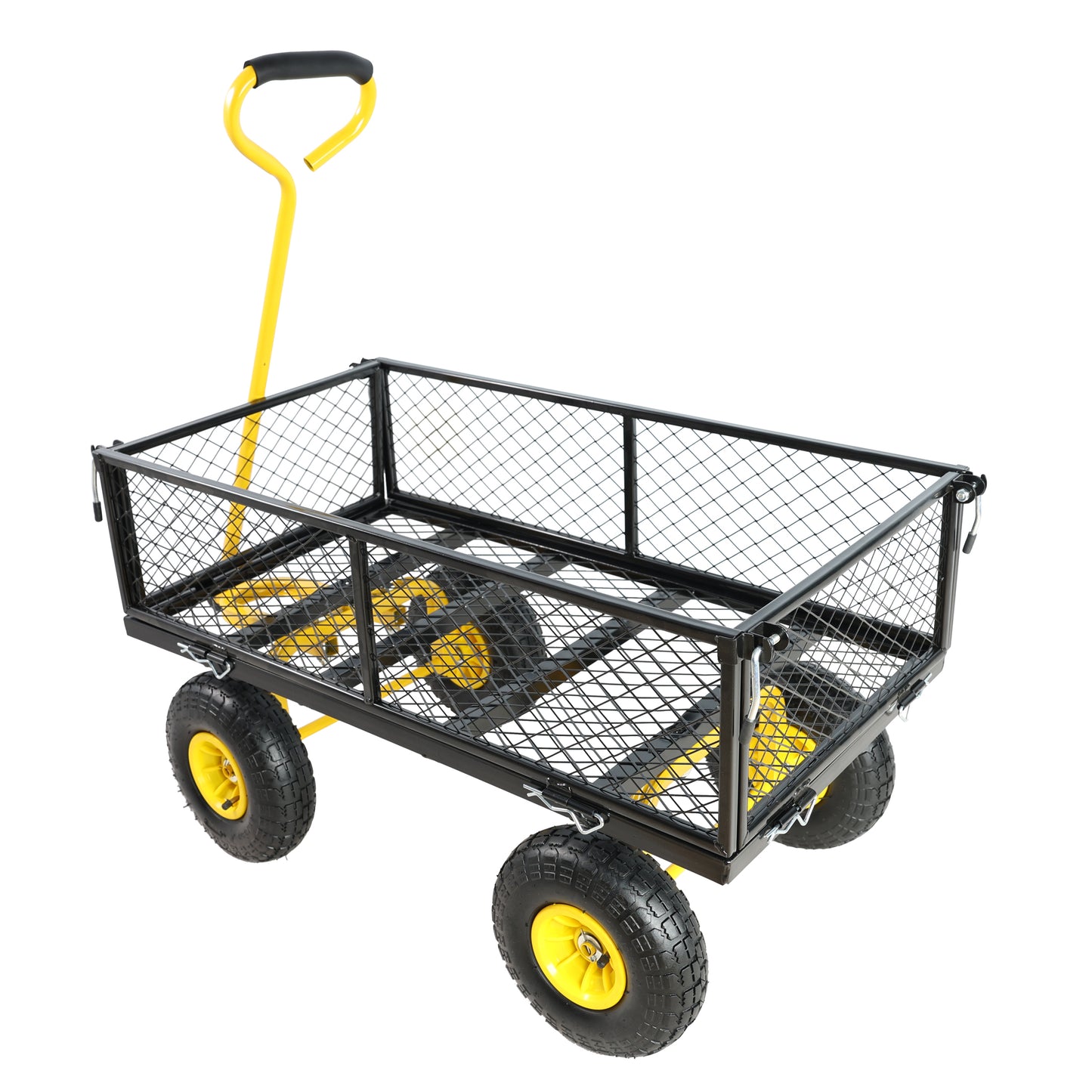 Heavyduty garden cart with yellow handle black mesh bed and four allterrain wheels