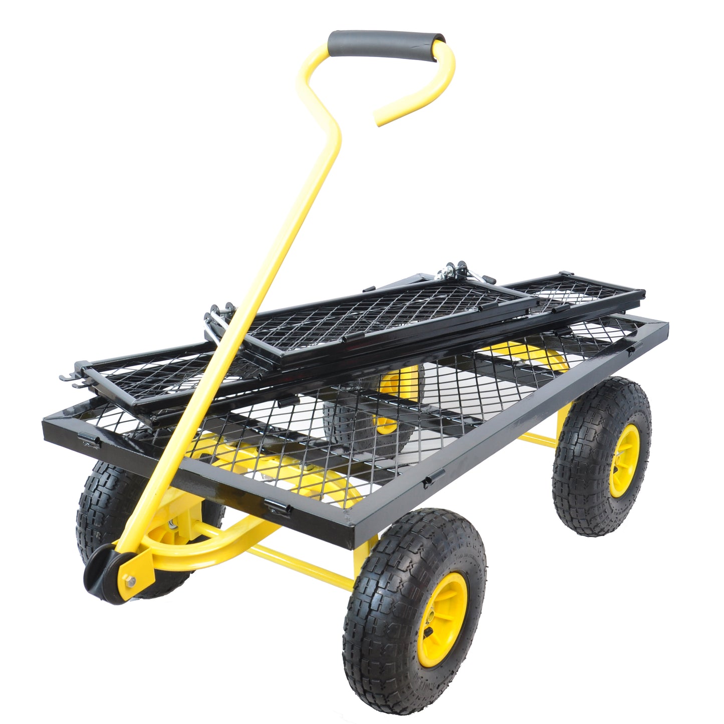 Yellow and black folding garden cart with heavyduty tires for hauling