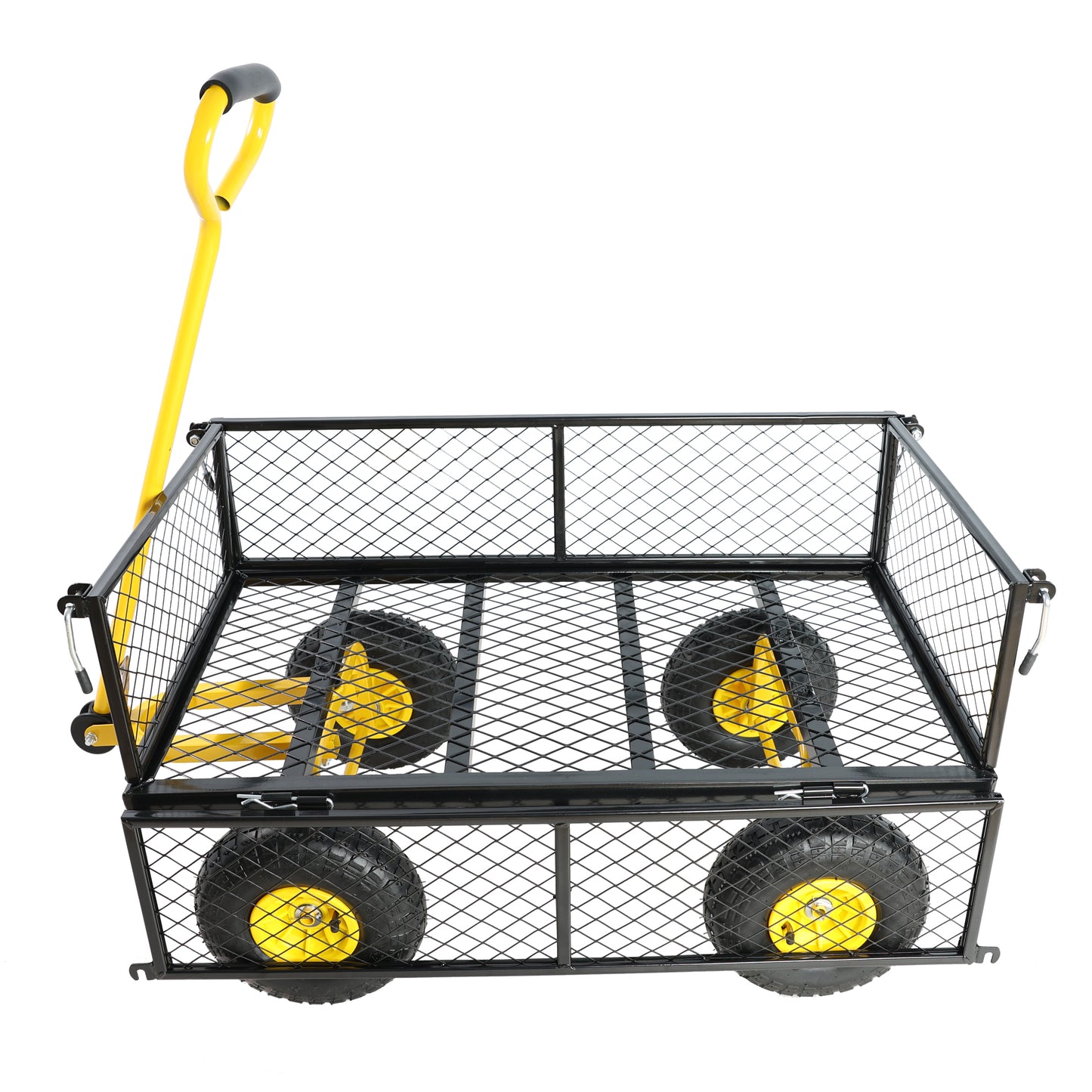 Yellow and black utility wagon with large mesh bed and four rugged tires for garden hauling