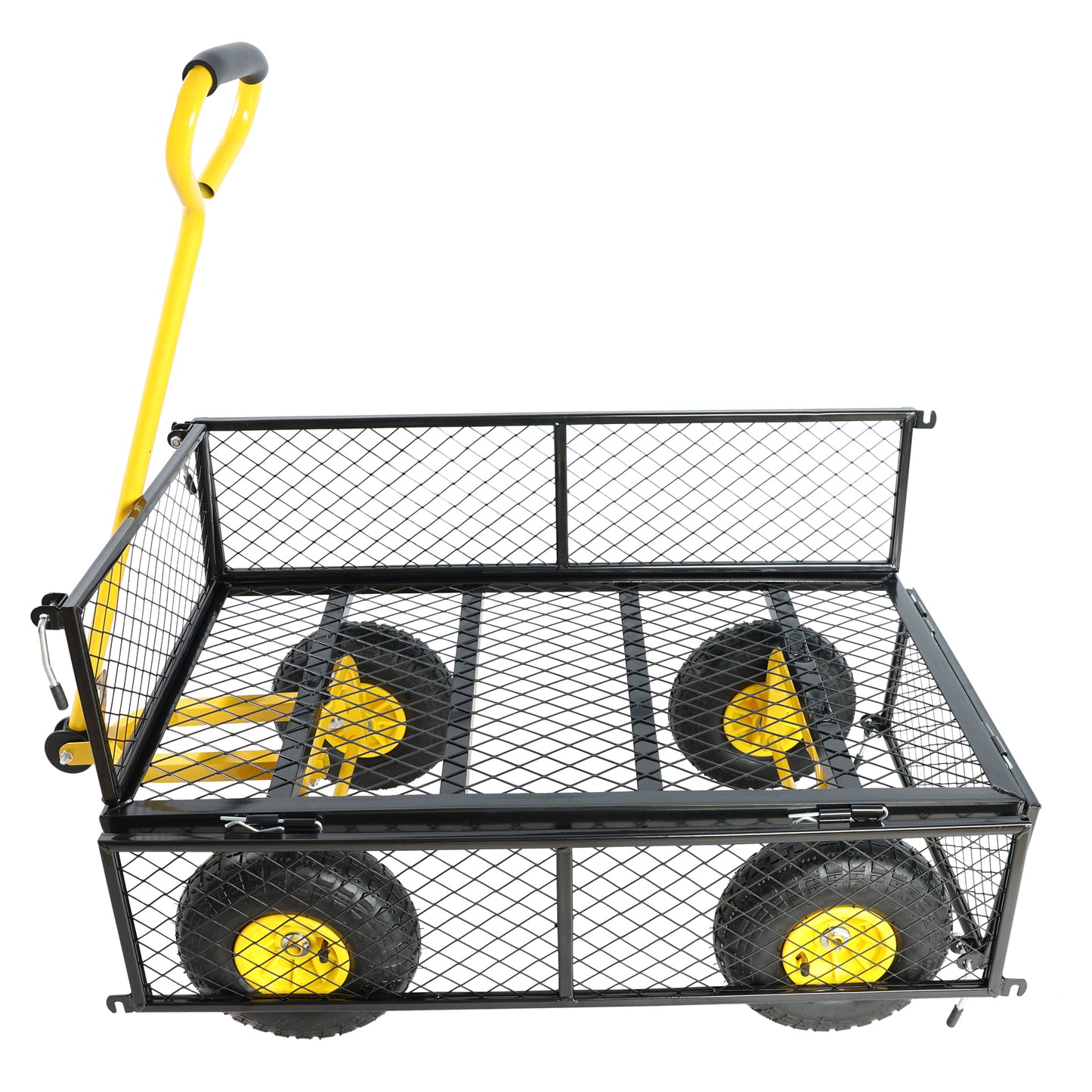 Yellow heavyduty garden wagon with four pneumatic tires and mesh bed for hauling soil tools and plants