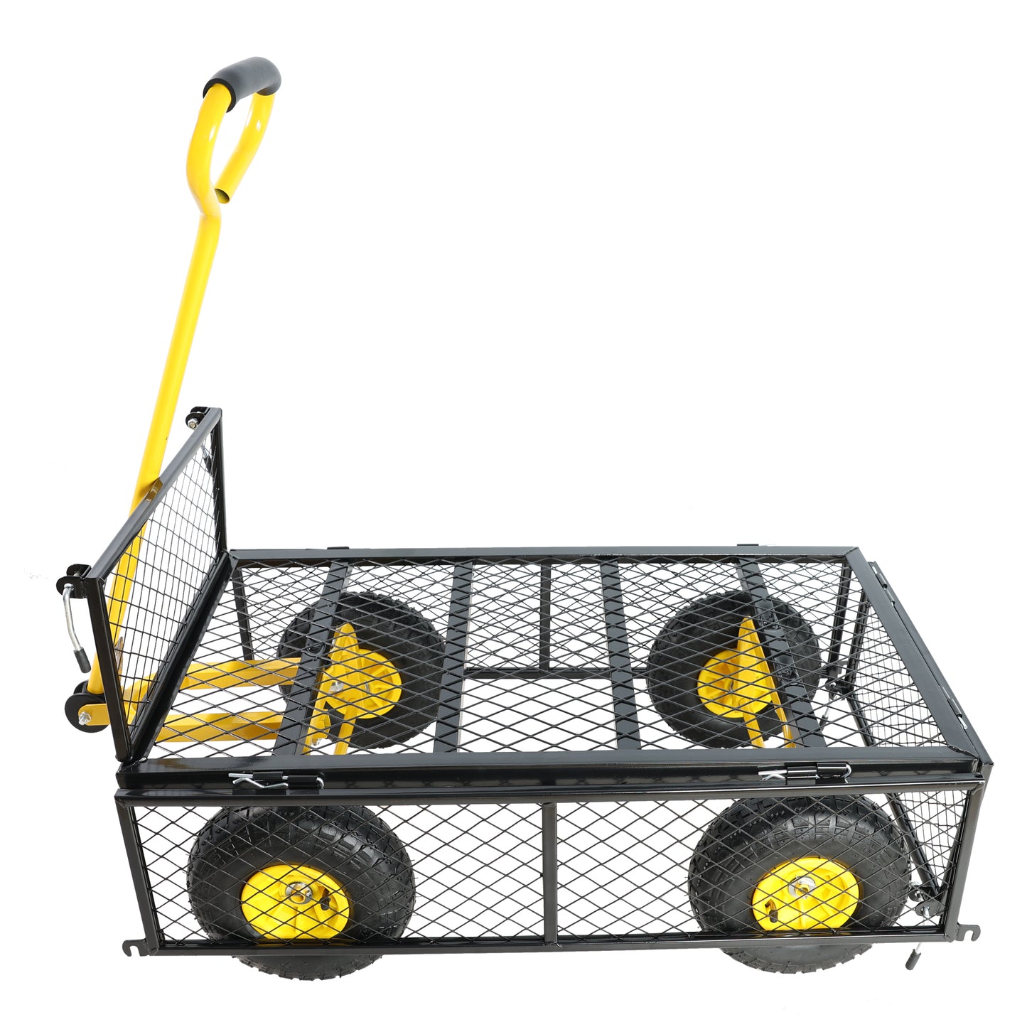 Yellow garden wagon with black mesh bed and four large wheels