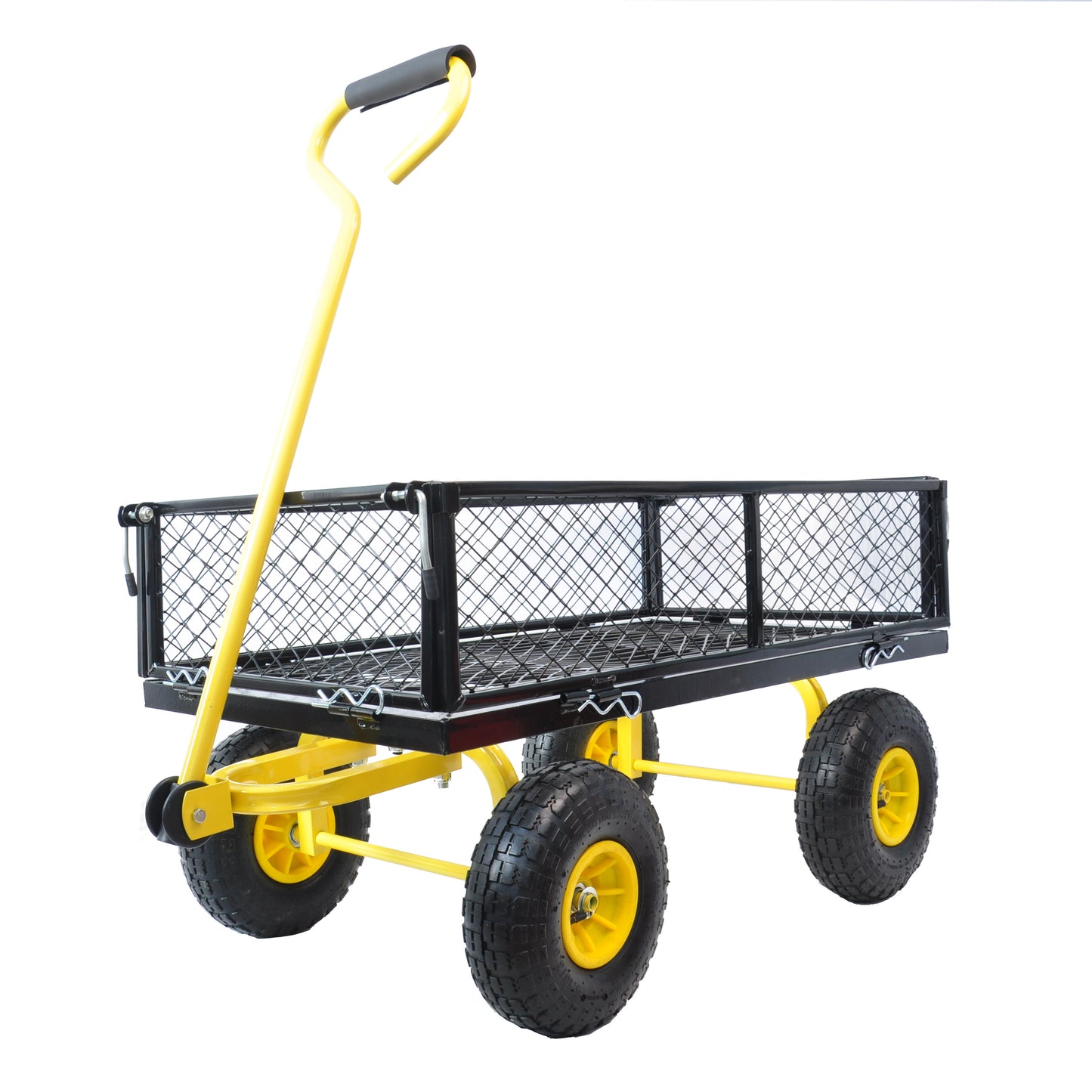 Yellow garden utility cart with black mesh bed and large pneumatic tires