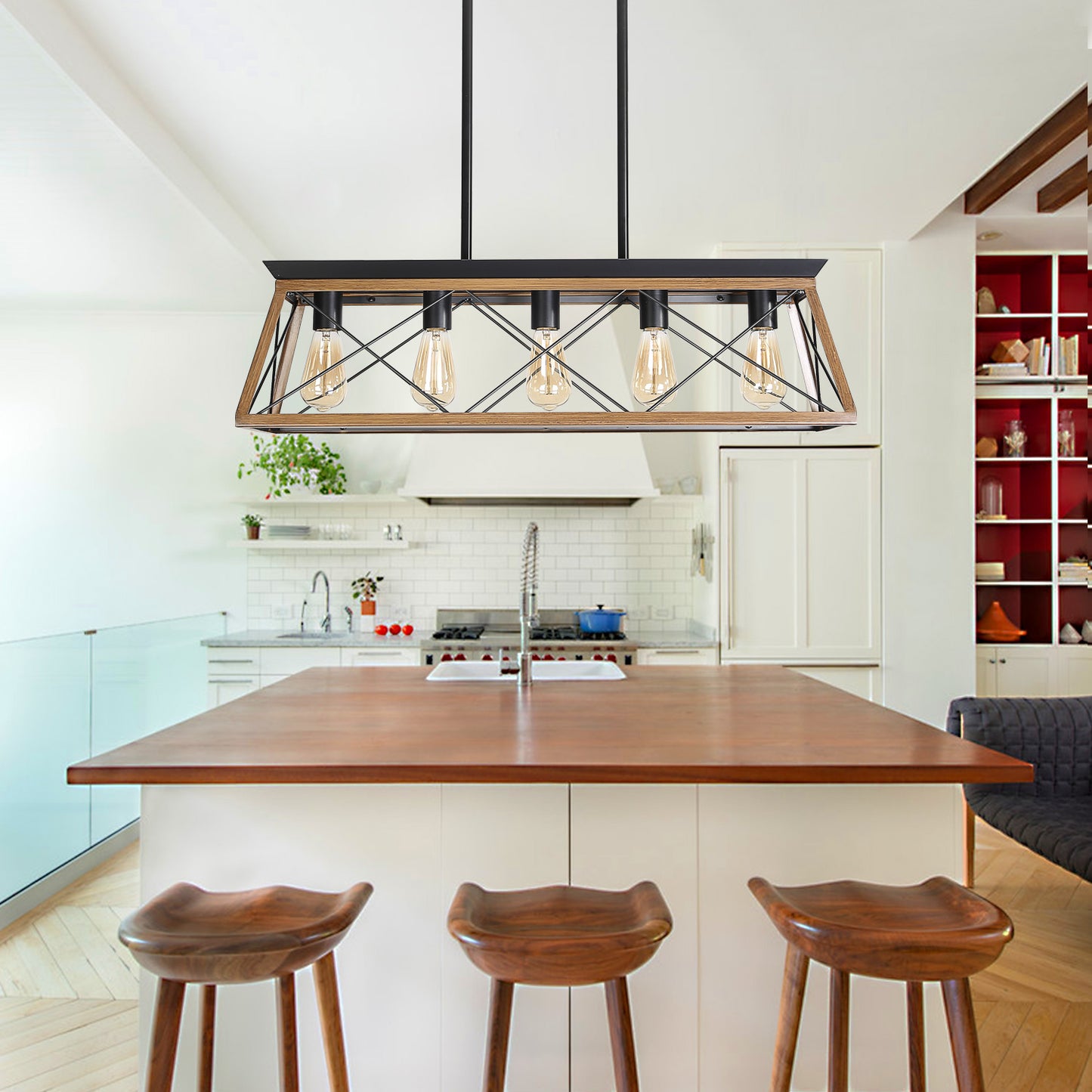 Rustic farmhouse island pendant light with five Edison bulbs and wood frame