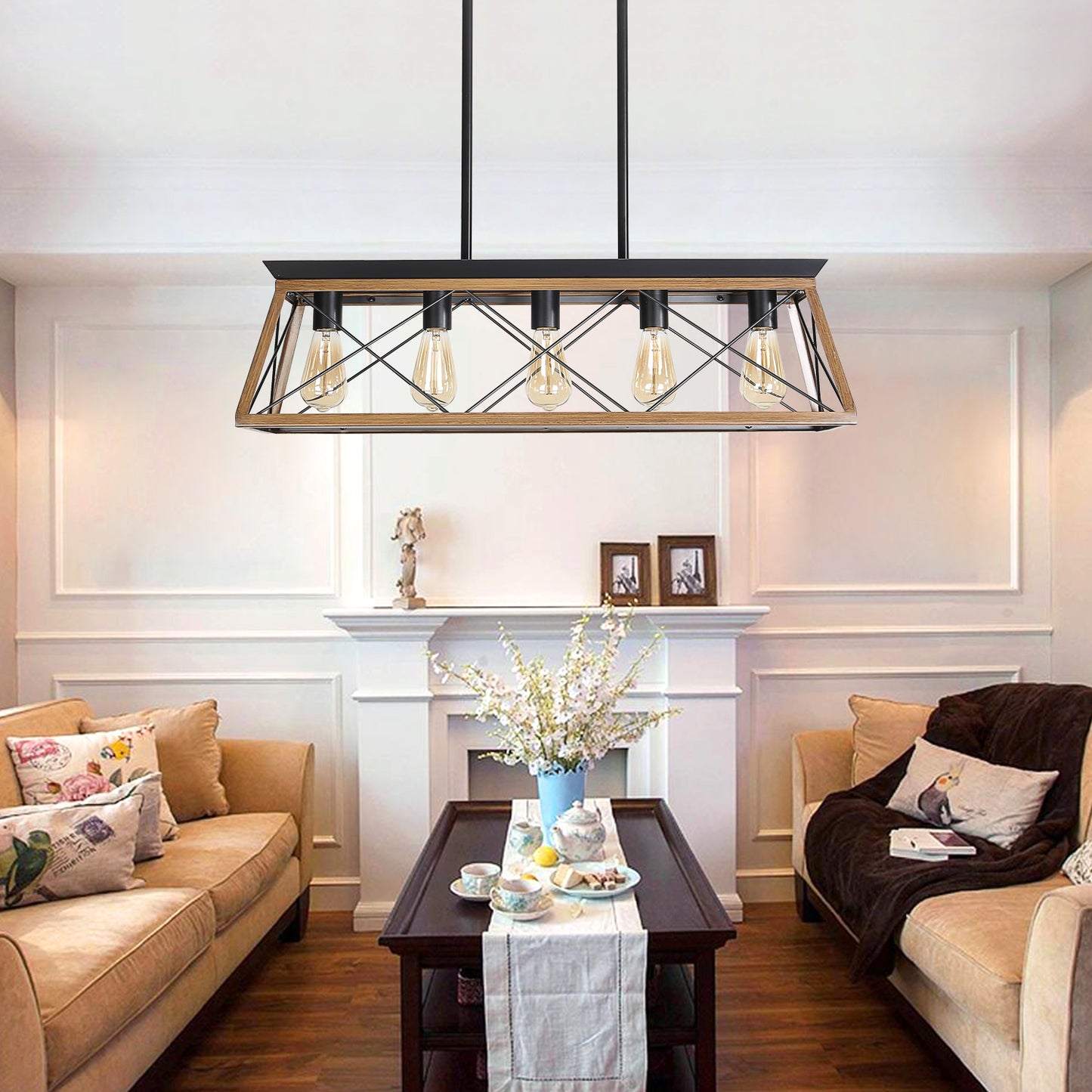 Rustic farmhouse chandelier with black metal and wood frame over a living room fireplace