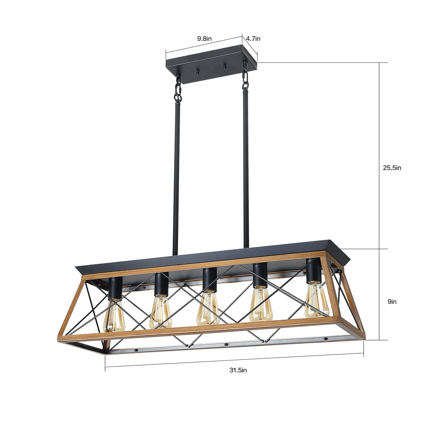 Farmhouse linear chandelier with black metal and wood accents five Edison bulbs