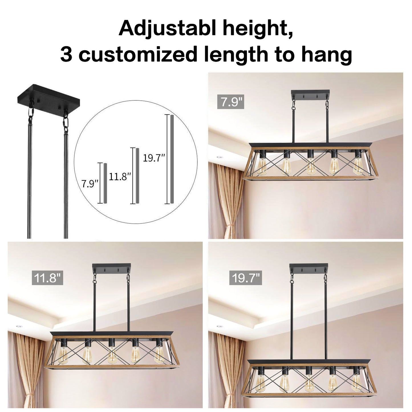 Farmhouse chandelier with black metal frame and faux wood accents showing inch hanging height