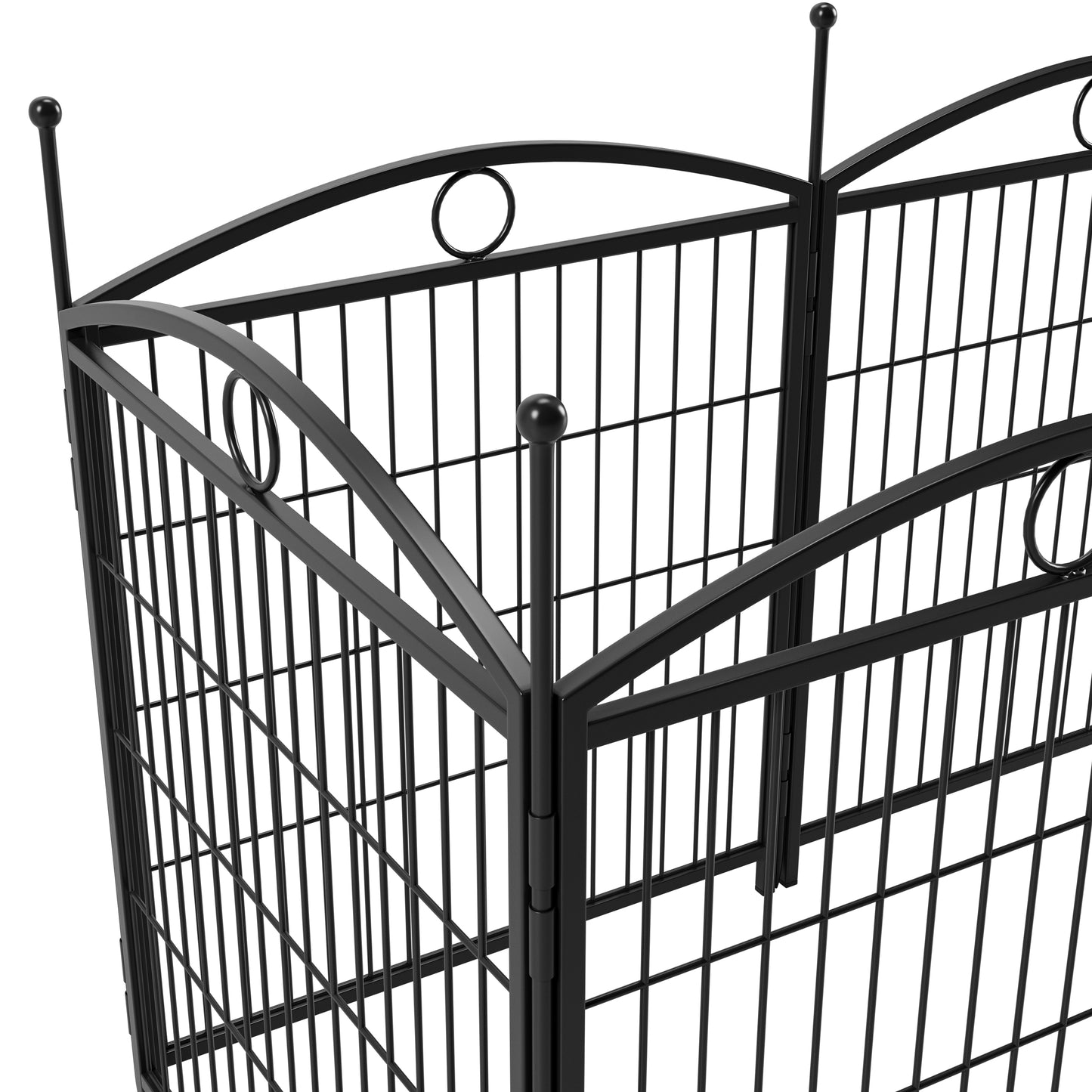 Black metal pet playpen with ornate scrollwork details and finial tops