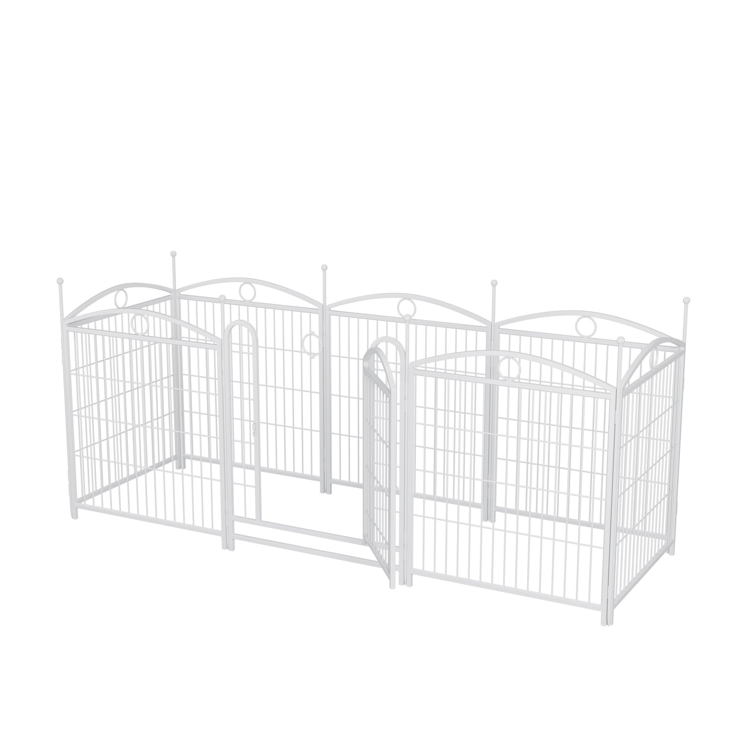 White ornate metal dog kennel with multiple enclosed sections and gates for pets