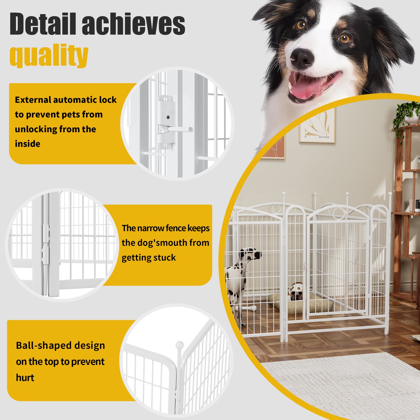 White metal pet playpen with an external automatic lock for safety