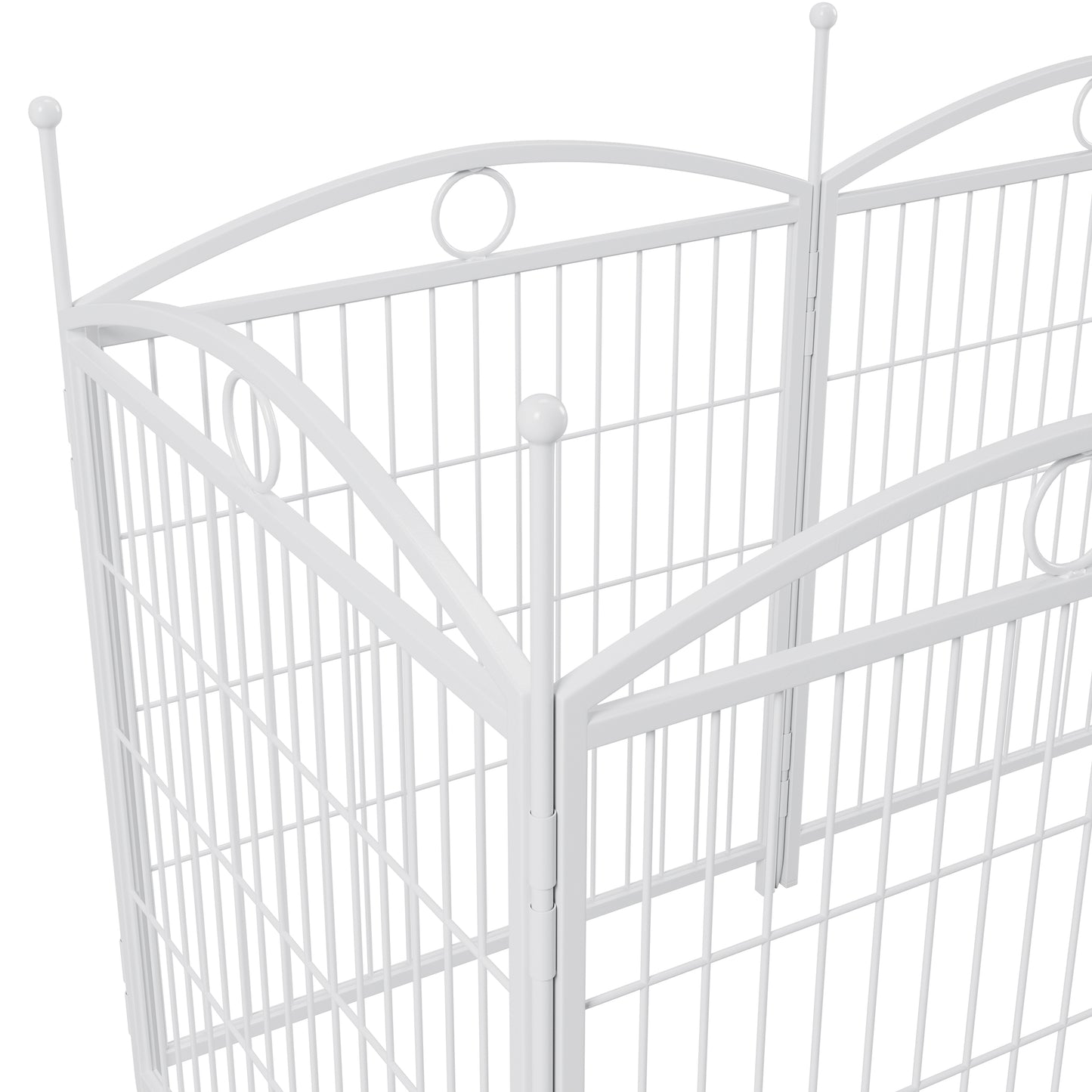 White metal dog playpen with decorative finials and arched top bars