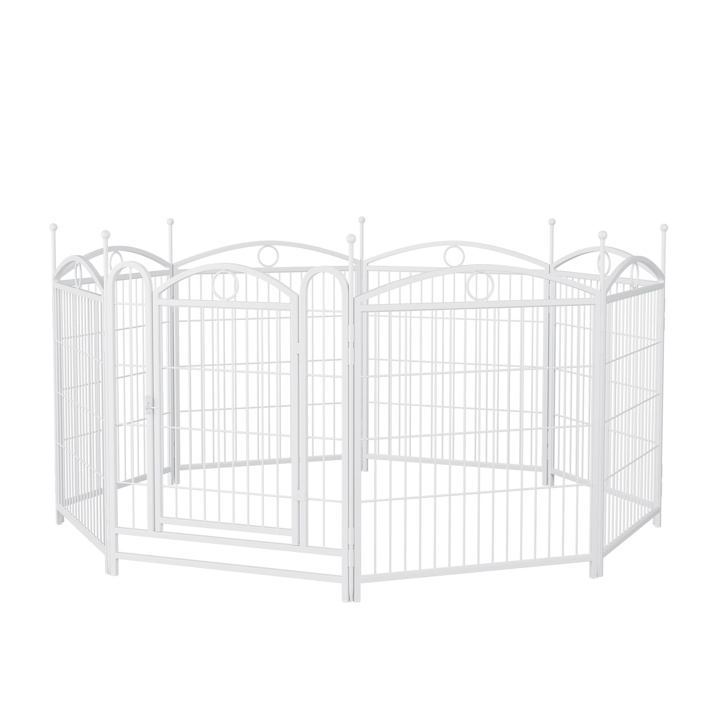 White metal pet playpen with ornate arched panel design and secure gate latch for small animals