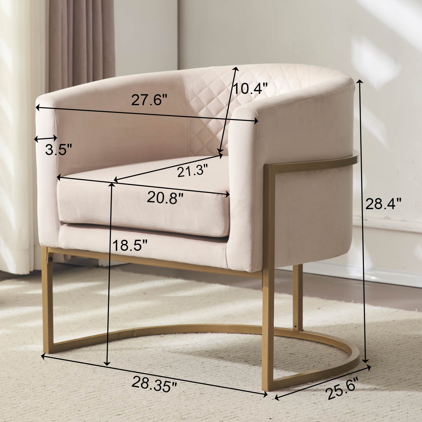 Velvet accent chair in beige with diamond tufting and gold metal legs