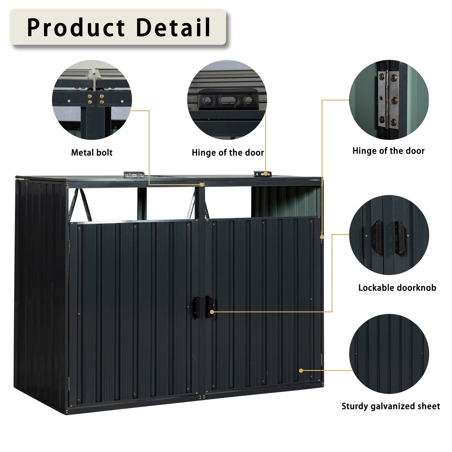Dark grey galvanized steel outdoor storage shed with double doors