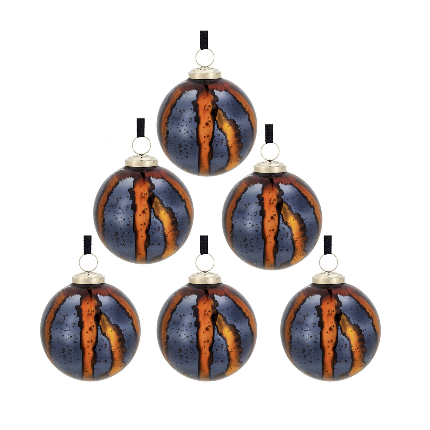 Set of striped glass Christmas ornaments in amber and deep blue chars