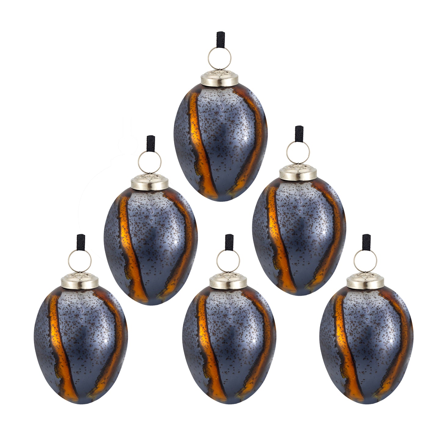 Set of oval glass Christmas ornaments in smoky blue with amber streaks