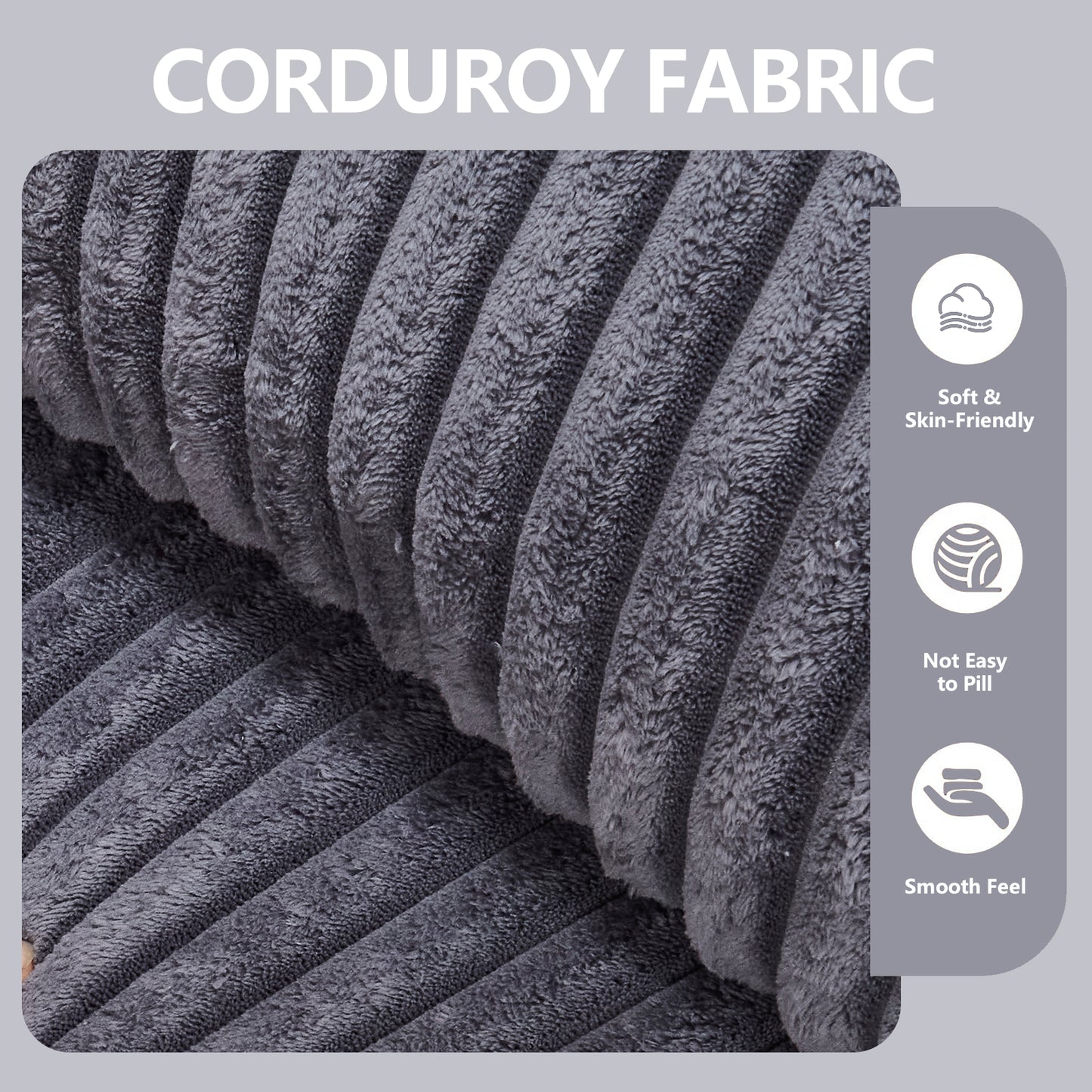 Closeup of plush dark grey corduroy fabric with prominent ridges ideal for cozy home decor