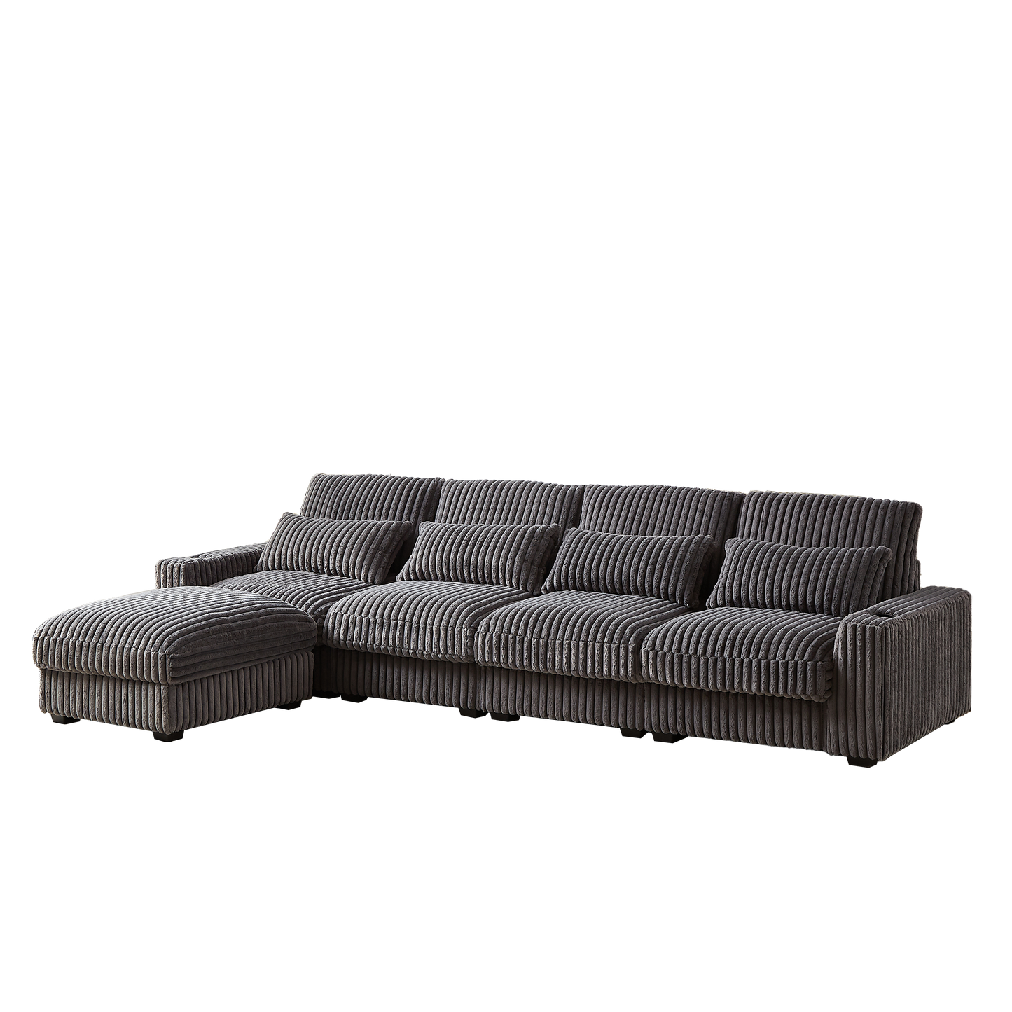 Plush grey corduroy sectional sofa with matching ottoman perfect for a cozy living room