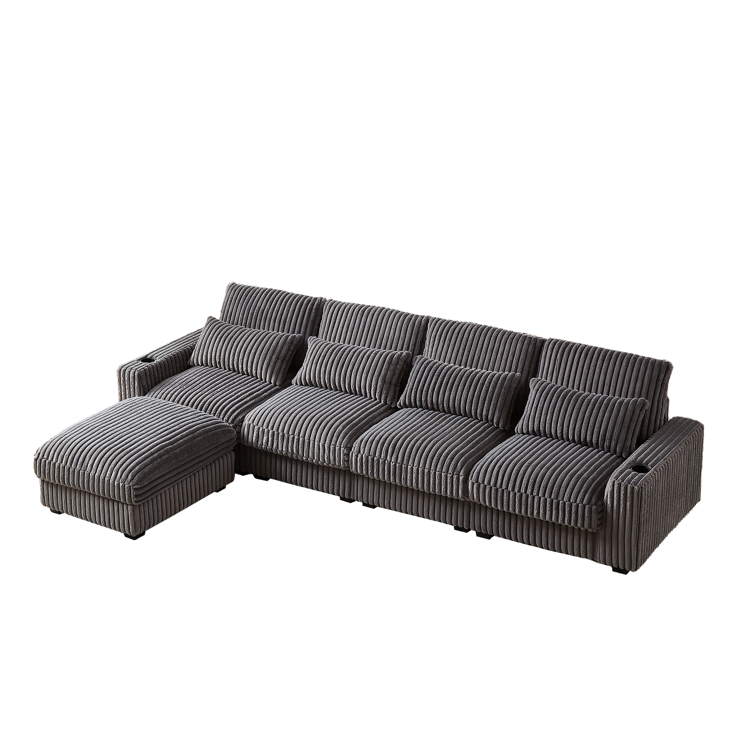 Grey corduroy sectional sofa with plush cushions and cup holders perfect for modern living rooms