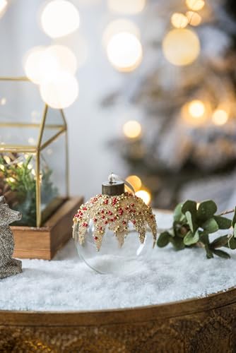 Clear glass Christmas ornament with gold glitter and red beads festive holiday decor