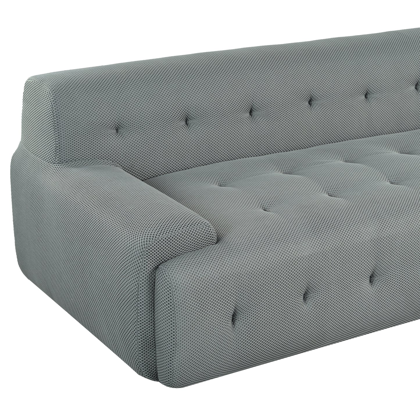 Modern grey tufted sofa with textured fabric and a minimalist design