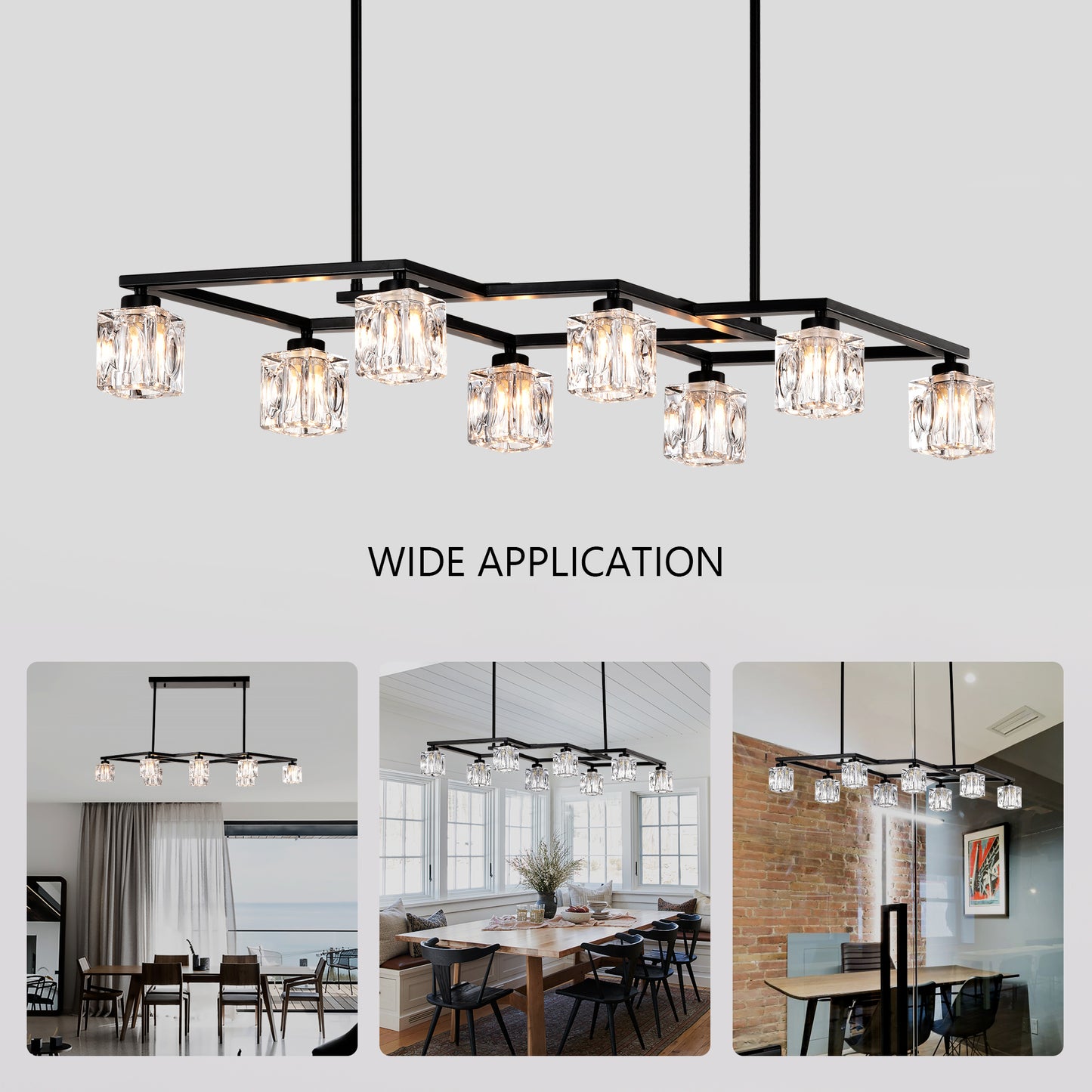Modern black geometric chandelier with clear crystal prism shades perfect for dining rooms