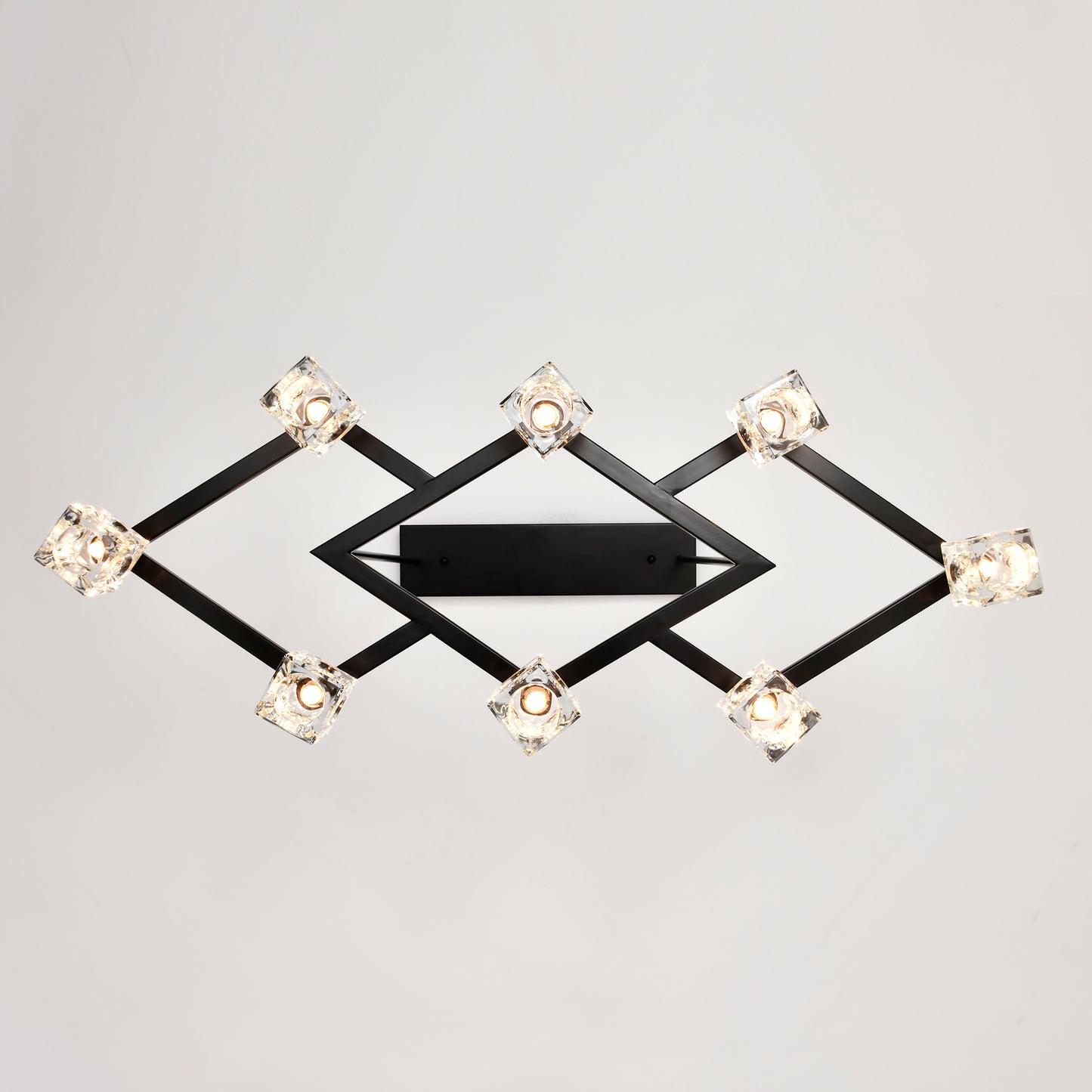 Modern black geometric chandelier with crystal cube shades and integrated LED lights