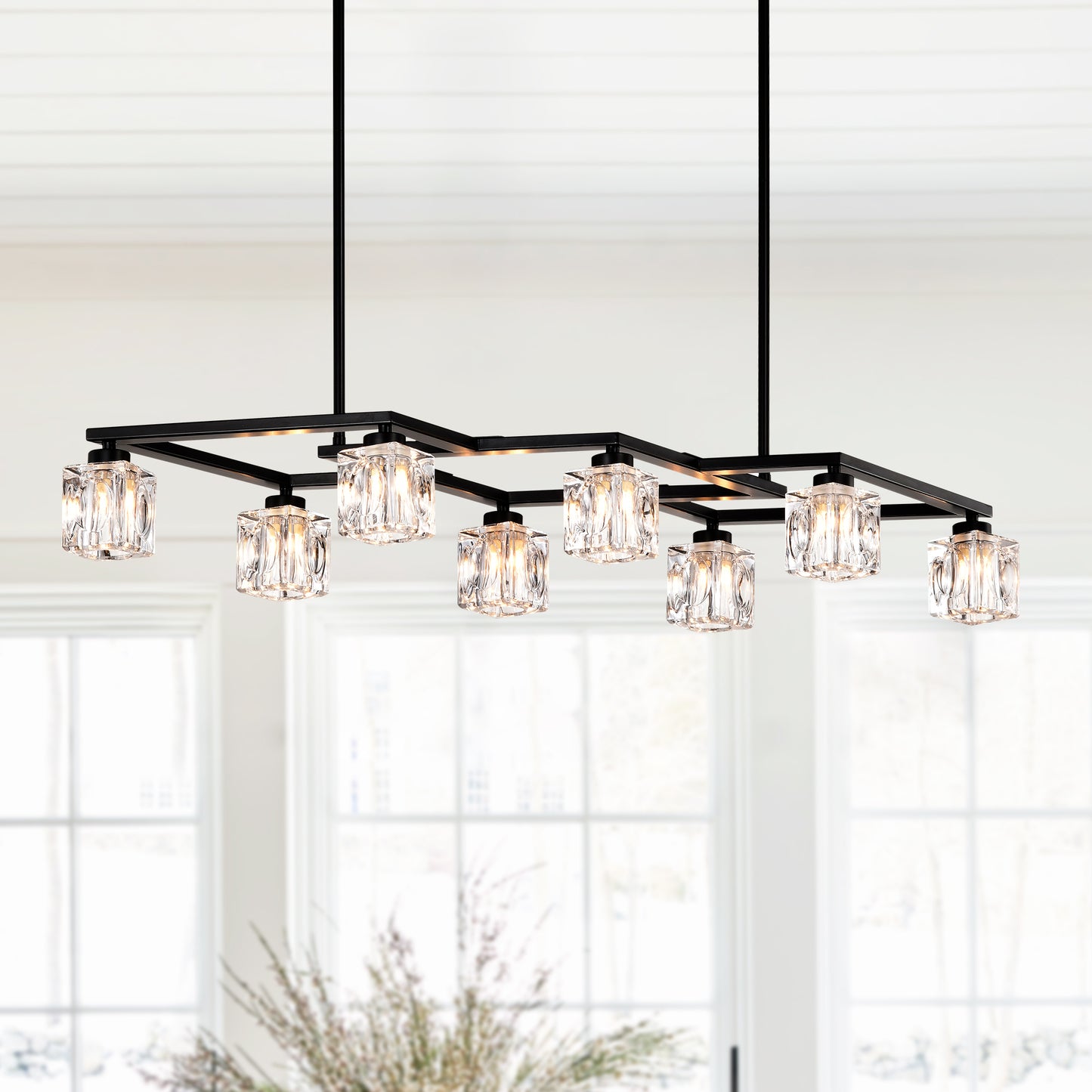 Black linear chandelier with eight clear crystal glass shades