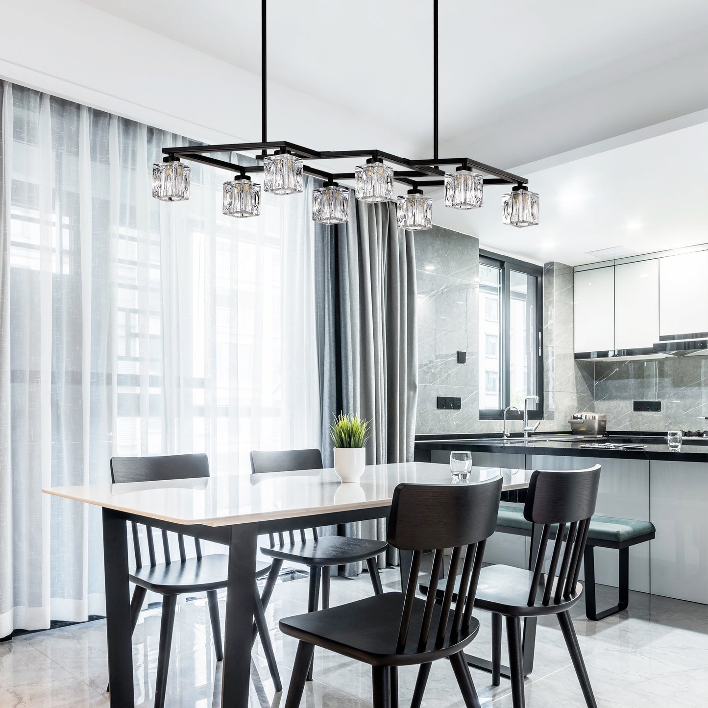 Modern black dining chandelier with eight clear crystal cube shades