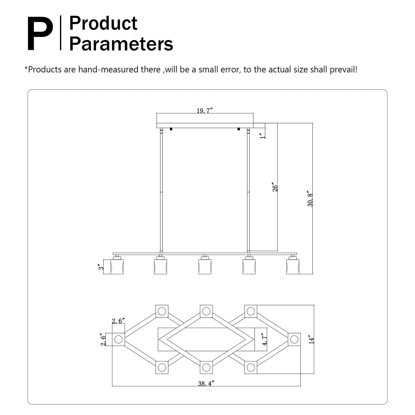 Line drawing of a linear chandelier with dimensions W x H bulbs