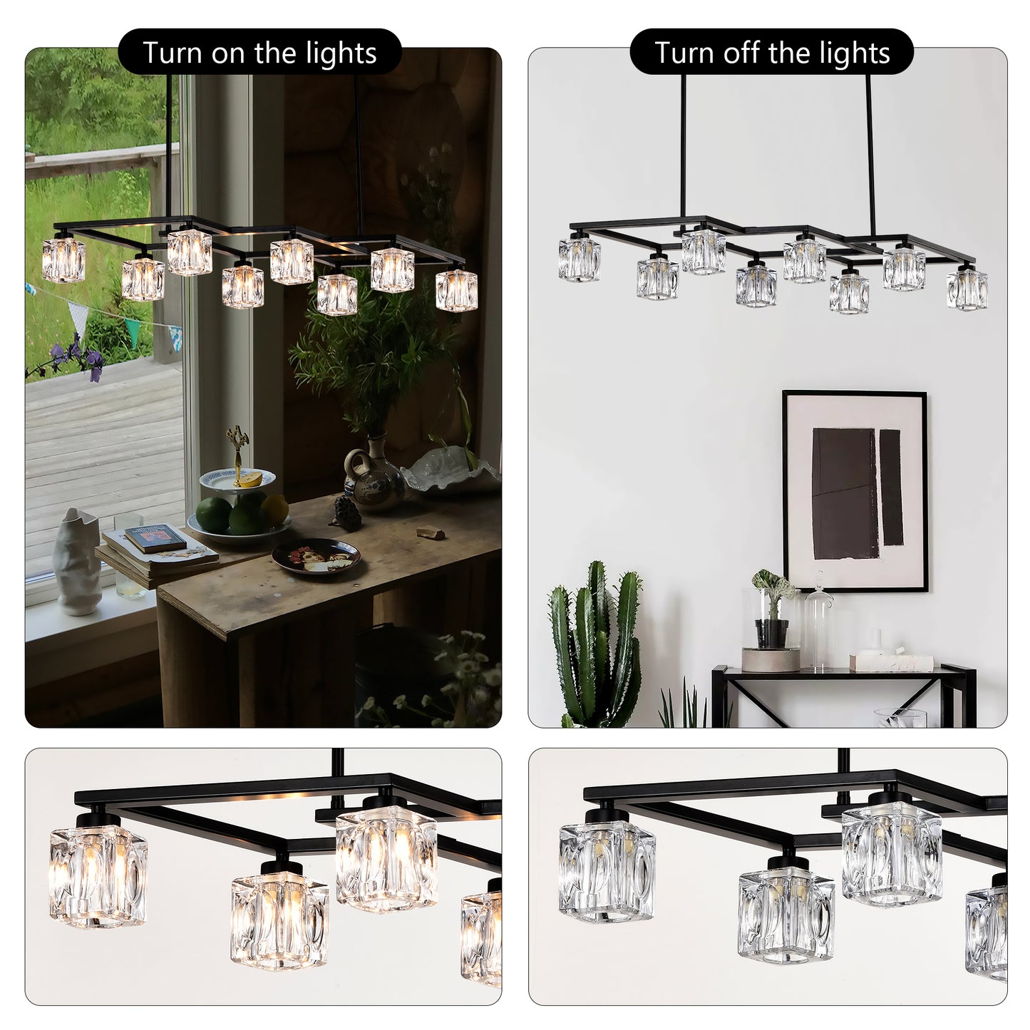 Black metal chandelier with clear crystal cube shades modern design