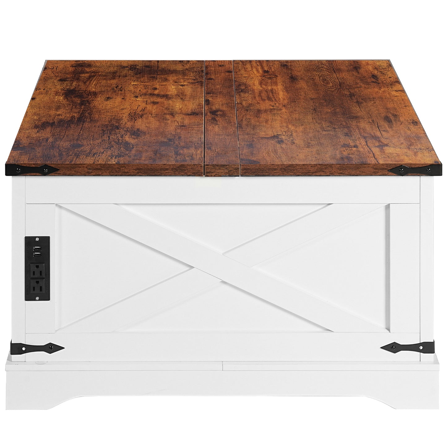 Farmhouse white storage ottoman with woodgrain lifttop and builtin power outlet