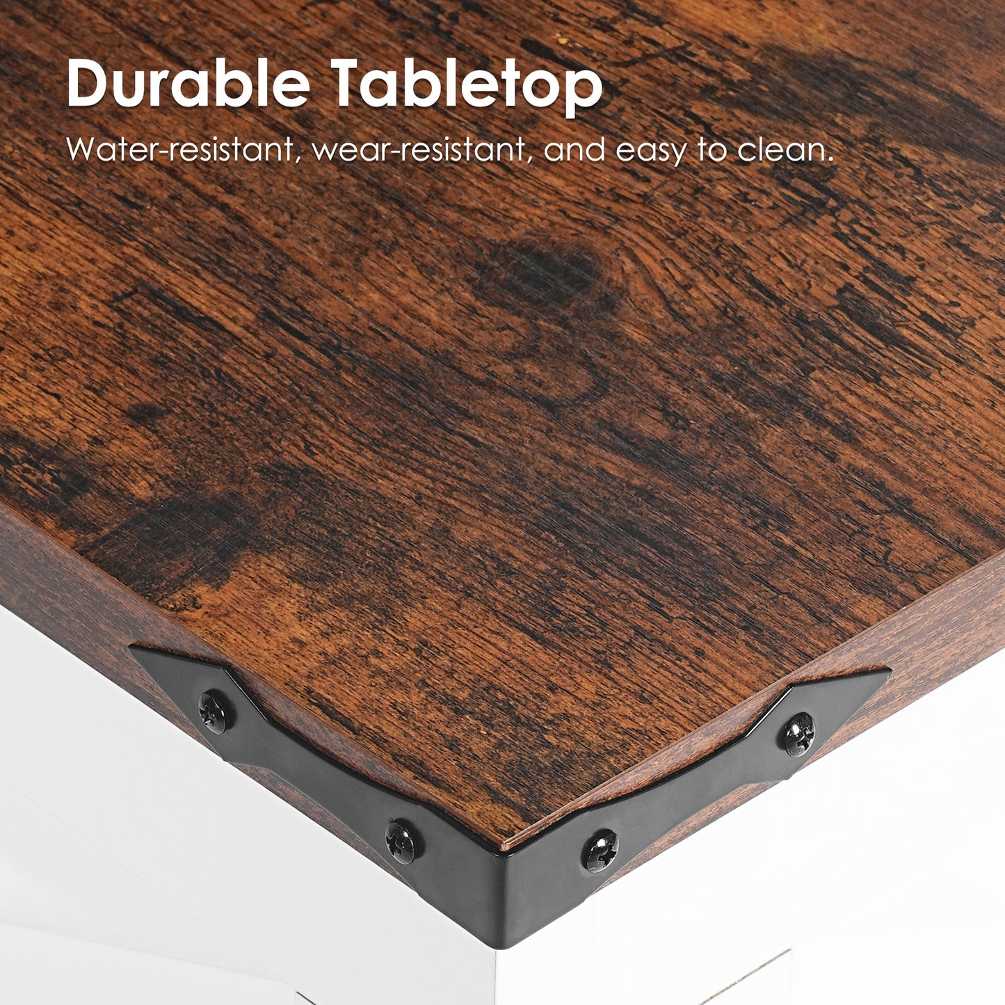 Rustic wood tabletop with distressed brown finish and black corner accents