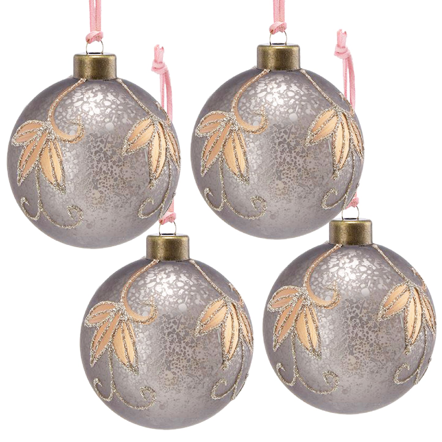 Four silver ornate Christmas ornaments with gold leaf design and pink hangers