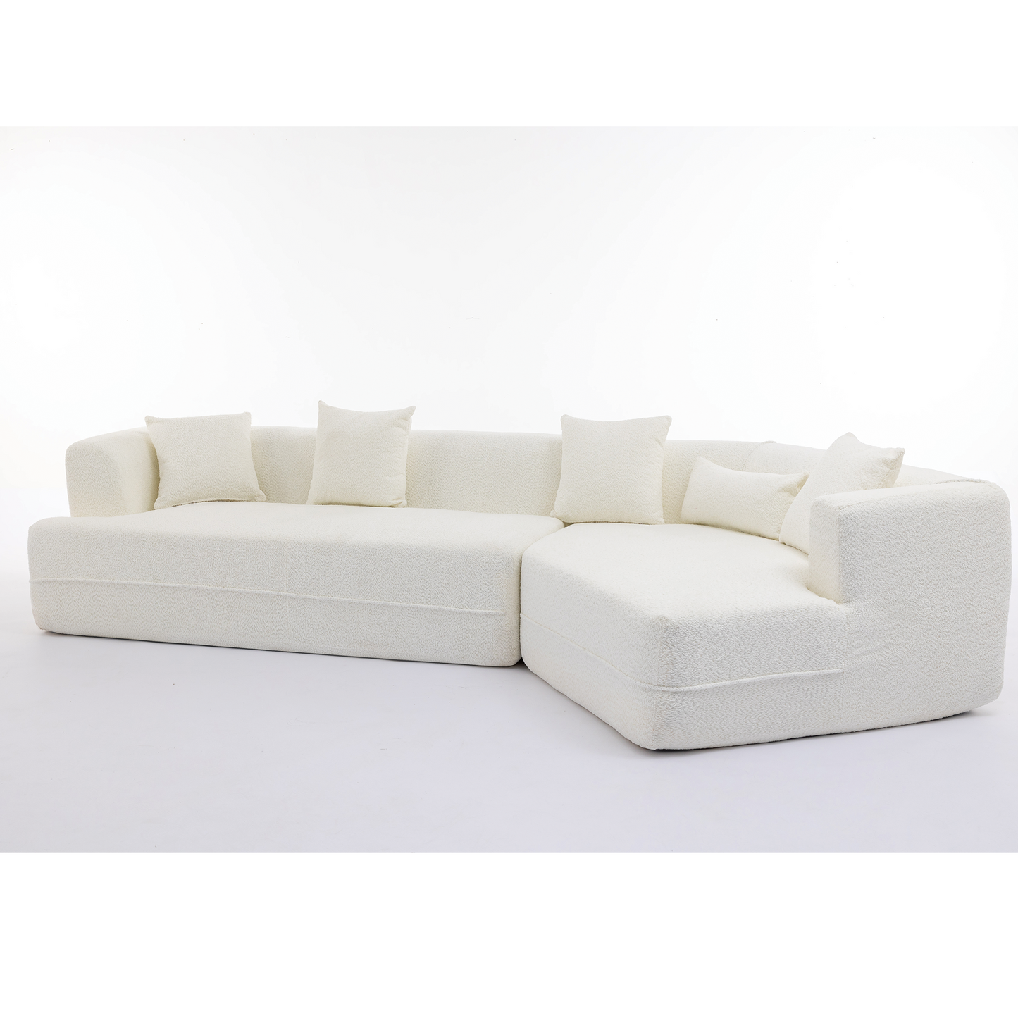 Cream boucle fabric sectional sofa with rounded arms and plush cushions perfect for modern living rooms