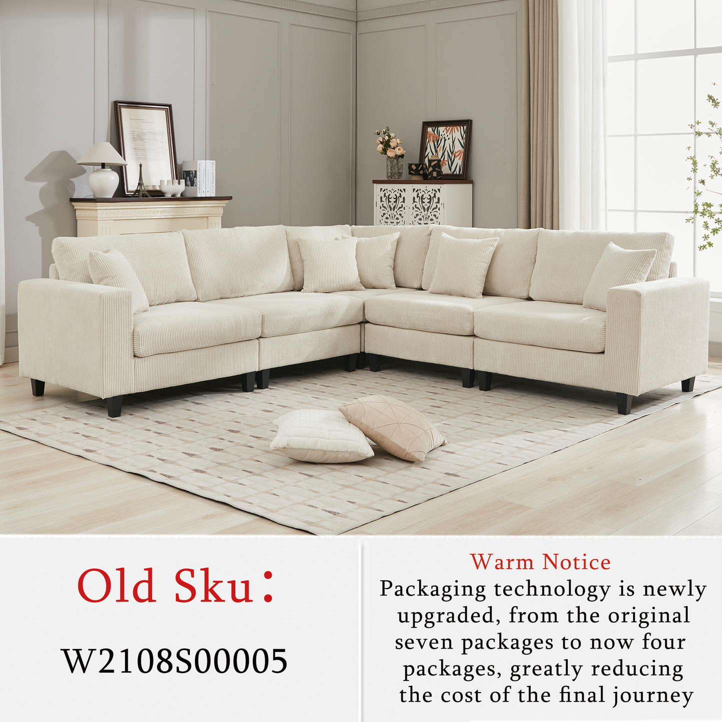 Cream corduroy sectional sofa with plush cushions and black legs
