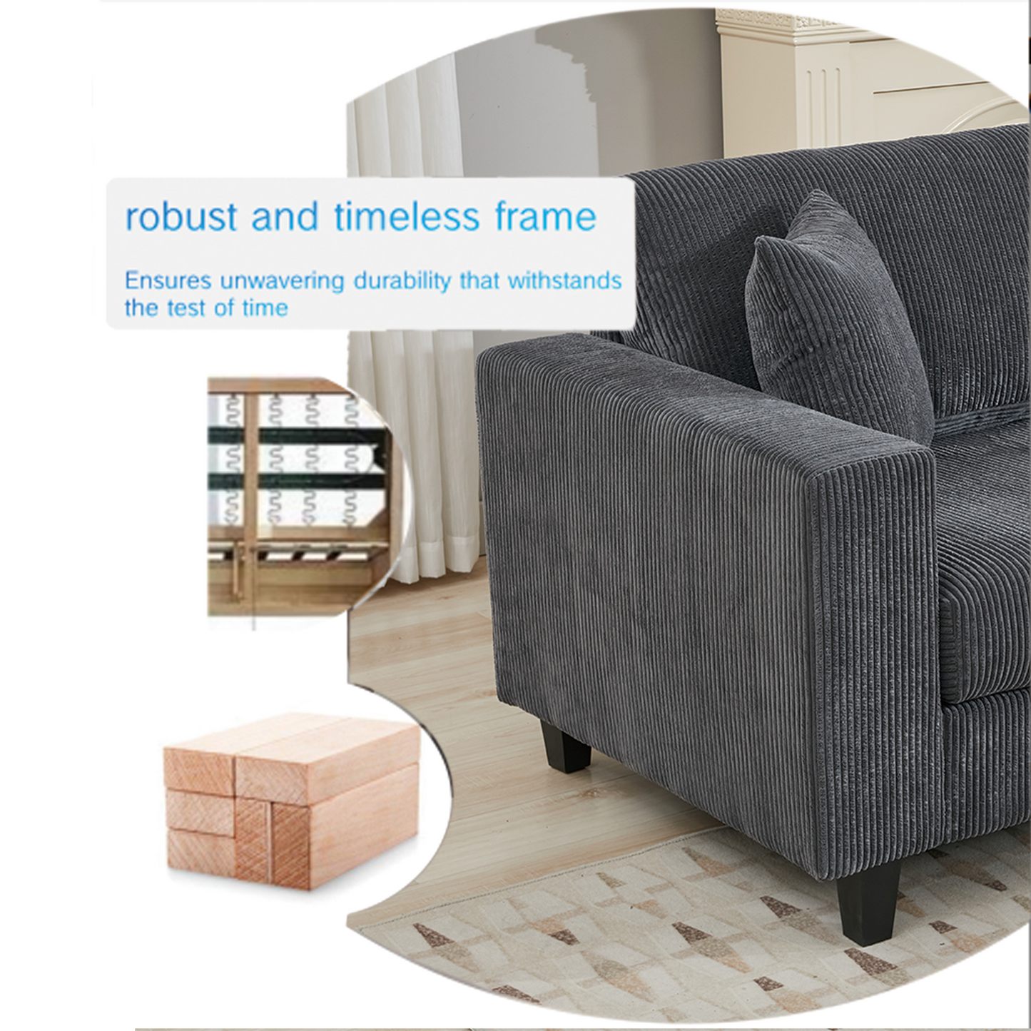 Dark gray corduroy sofa with robust frame comfortable for living room use