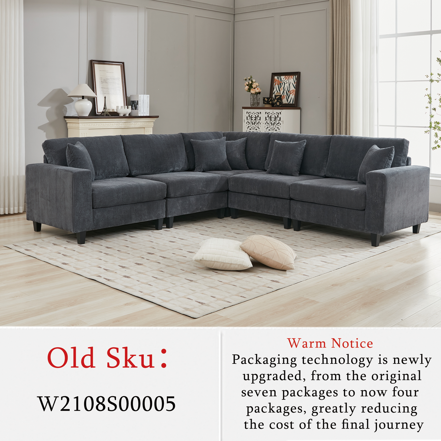 Dark gray corduroy sectional sofa with plush cushions and black legs on a geometric rug
