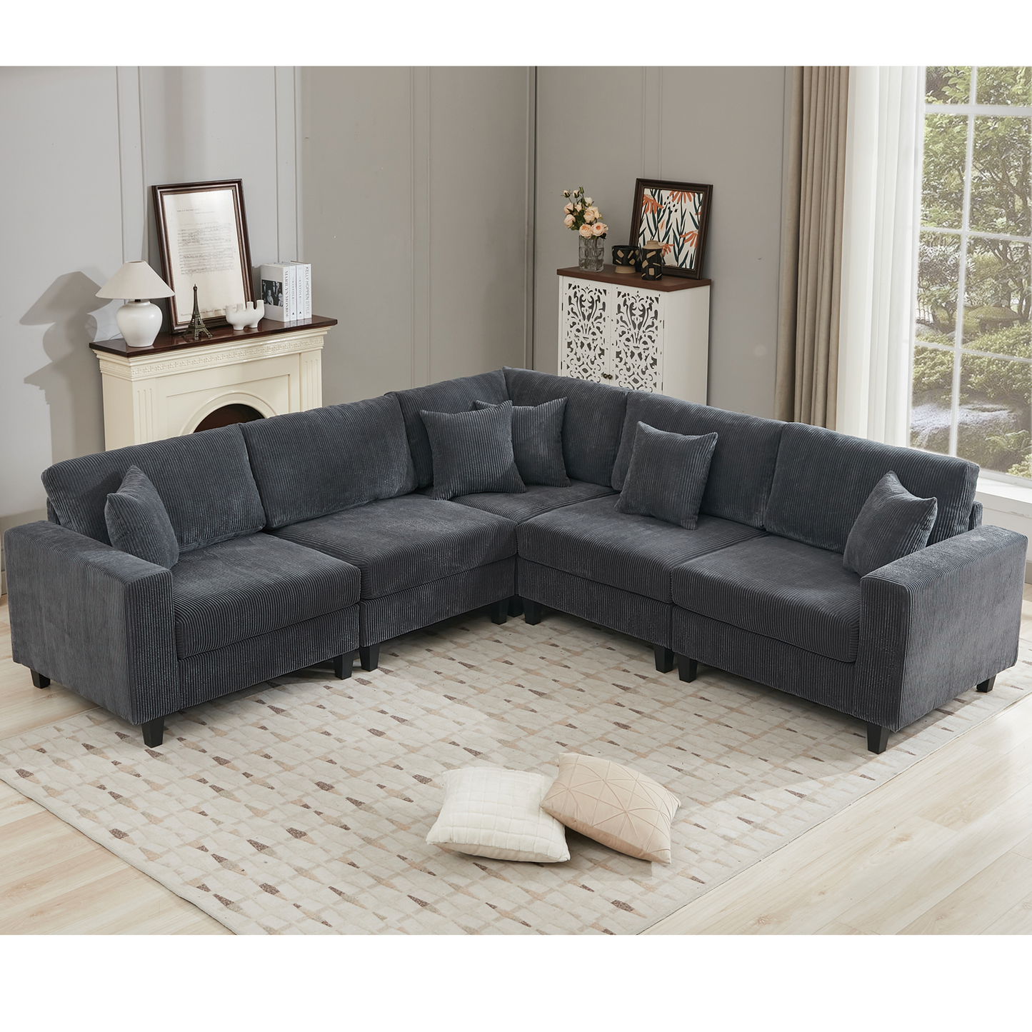 Dark gray corduroy sectional sofa with plush cushions and modern design