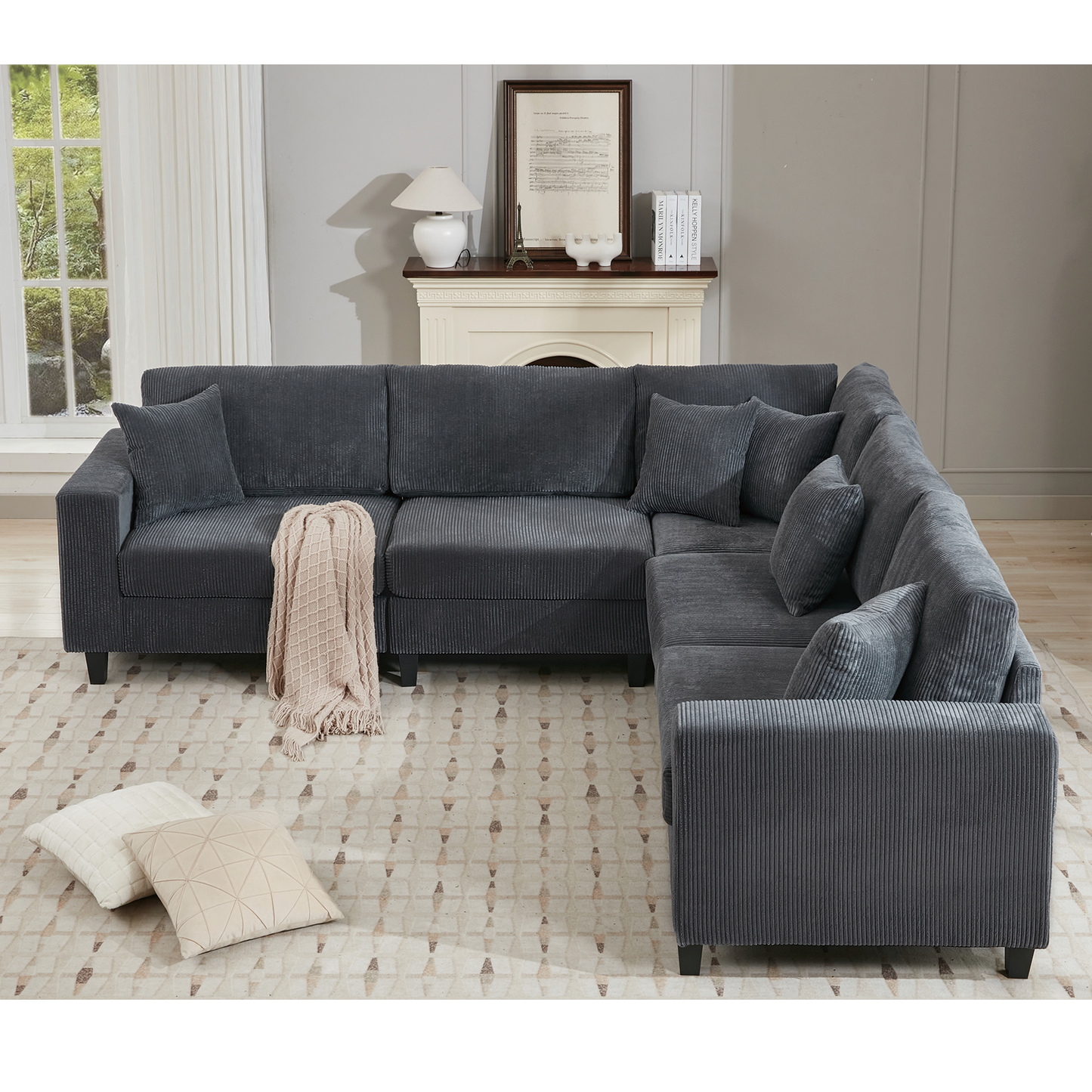 Dark grey corduroy sectional sofa with plush cushions perfect for living room comfort