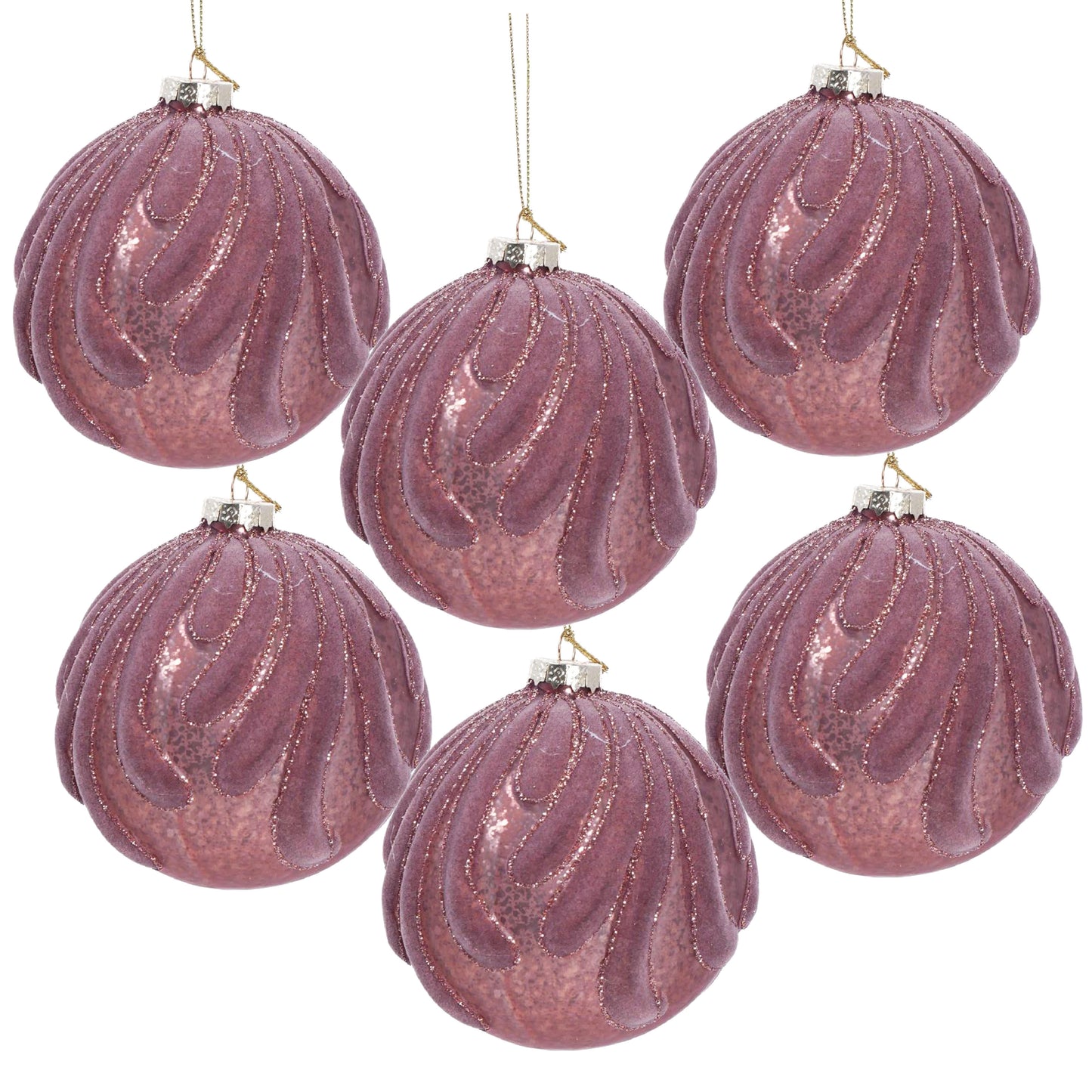 Set of rose gold glitter swirl Christmas ornaments for festive decor