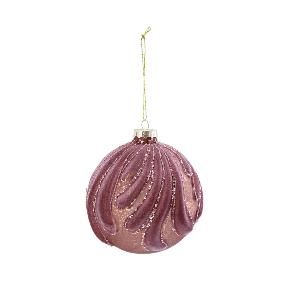 Sparkling rose gold Christmas ornament with embossed swirling pattern