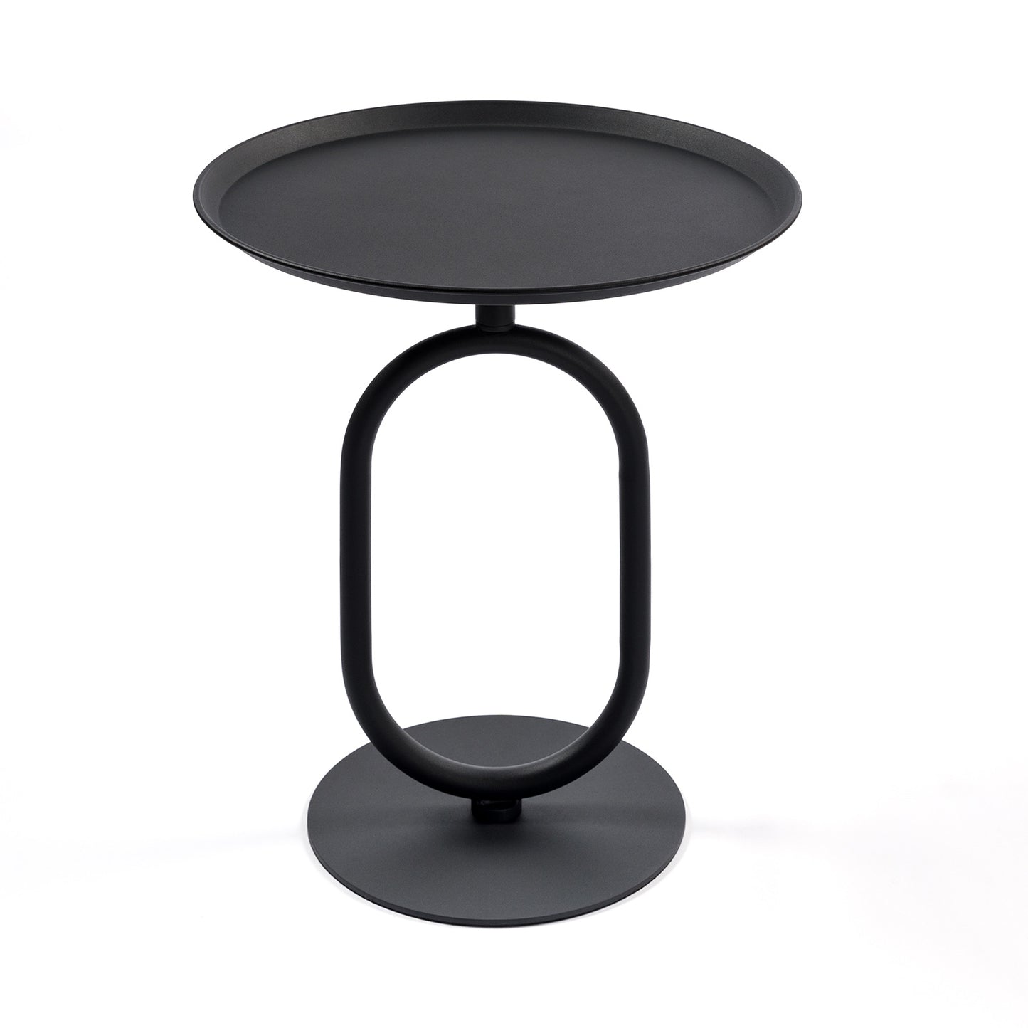 Sleek black metal end table with an oval pedestal base and round top