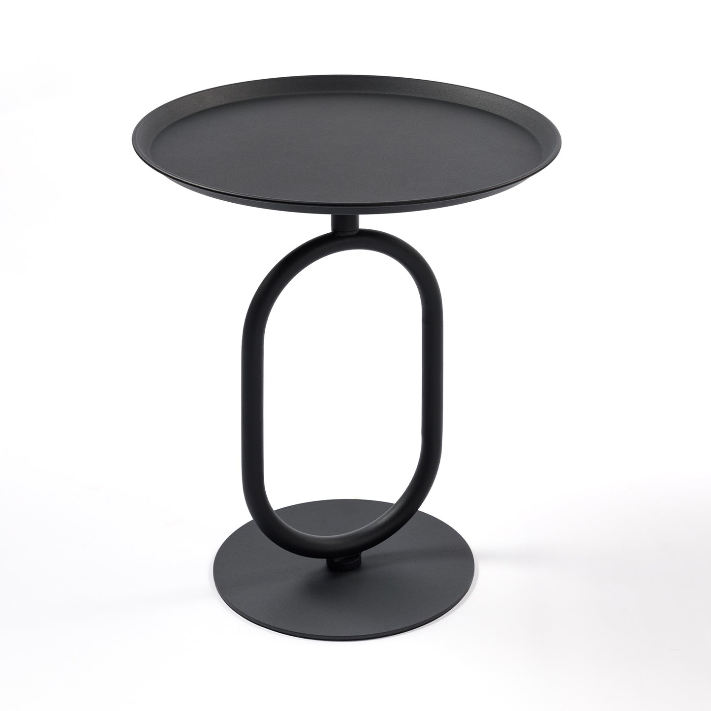 Black metal accent table with an oval base and modern design